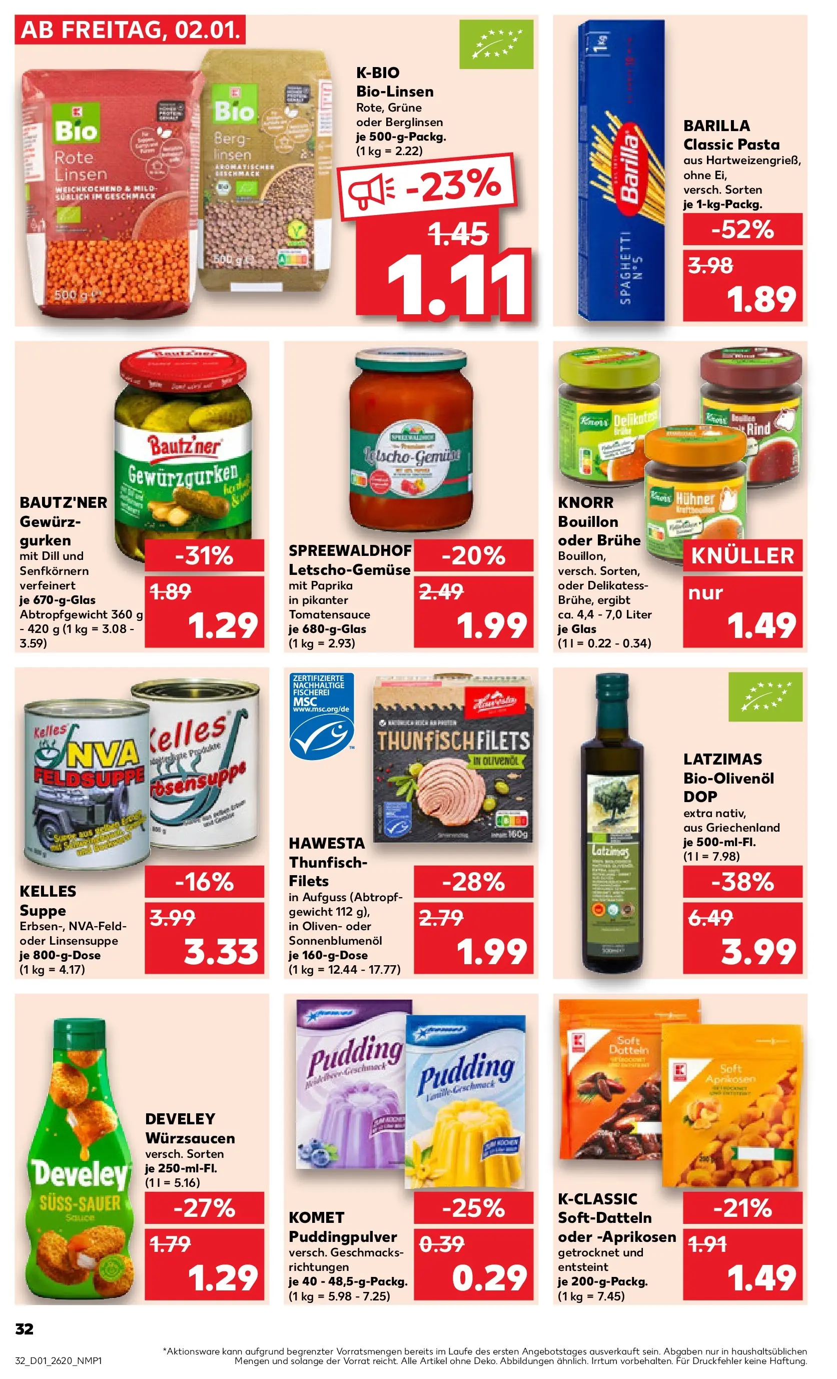 Prospekt Kaufland ab 01.01.2026 » Angebote Online zum Blättern | Seite: 32 | Produkte: Thunfisch, Knorr, Pasta, Gurken