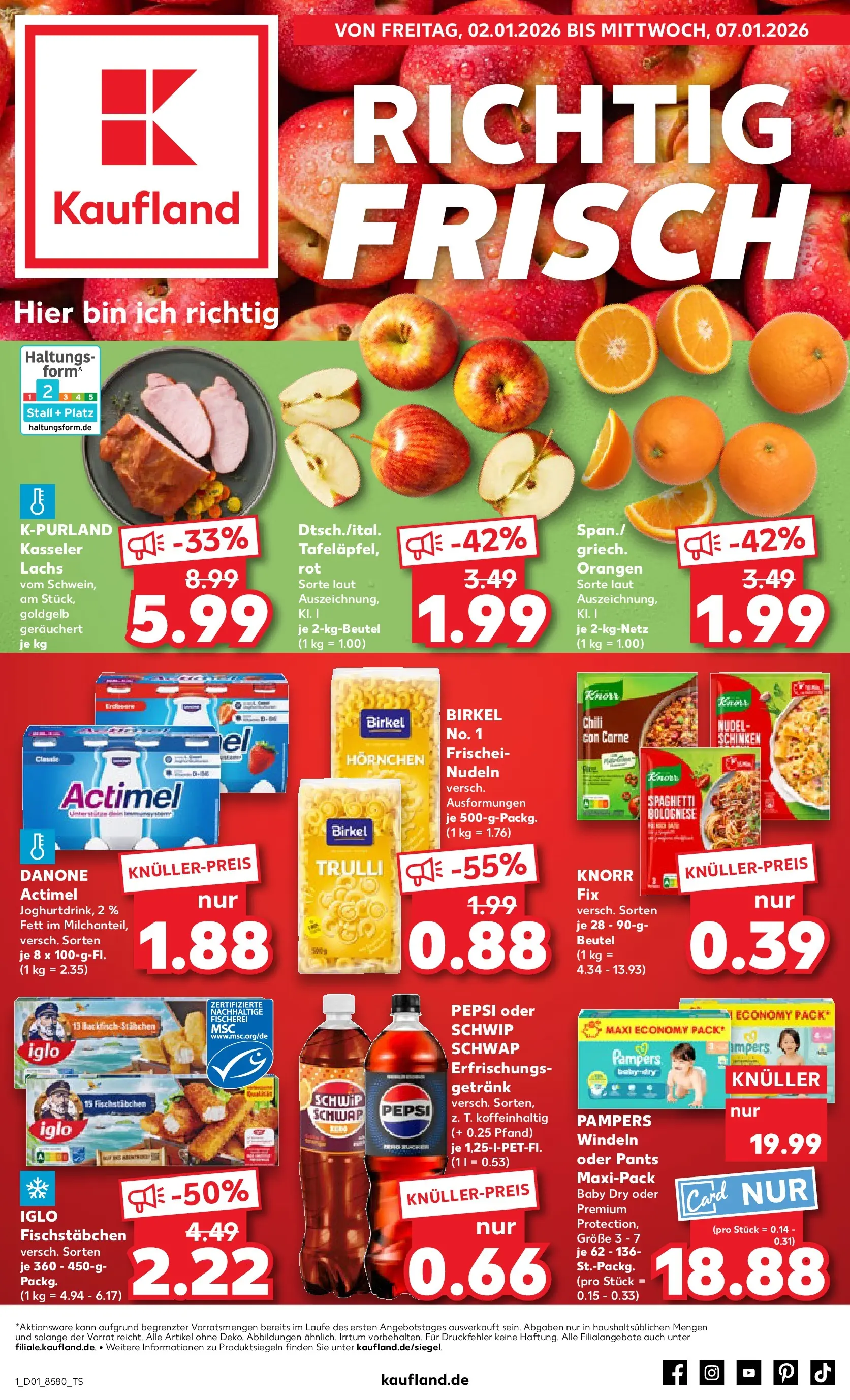 Prospekt Kaufland ab 01.01.2026 » Angebote Online zum Blättern | Seite: 1 | Produkte: Schwip schwap, Lachs, Schinken, Nudeln