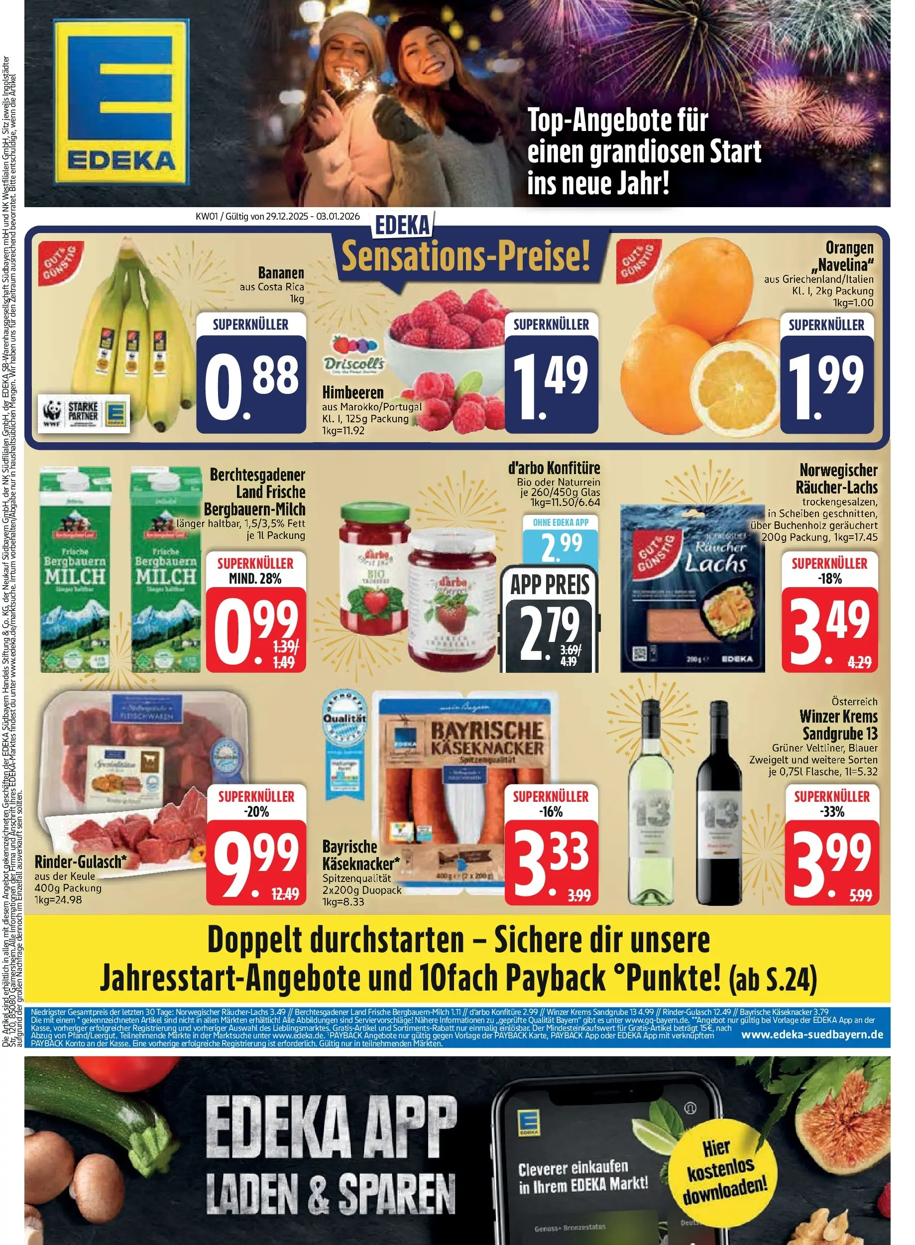 Edeka prospekt München	 (ab 28.12.2025) » Angebote Online | Seite: 3 | Produkte: Rindergulasch, Bananen, Orangen, Lachs