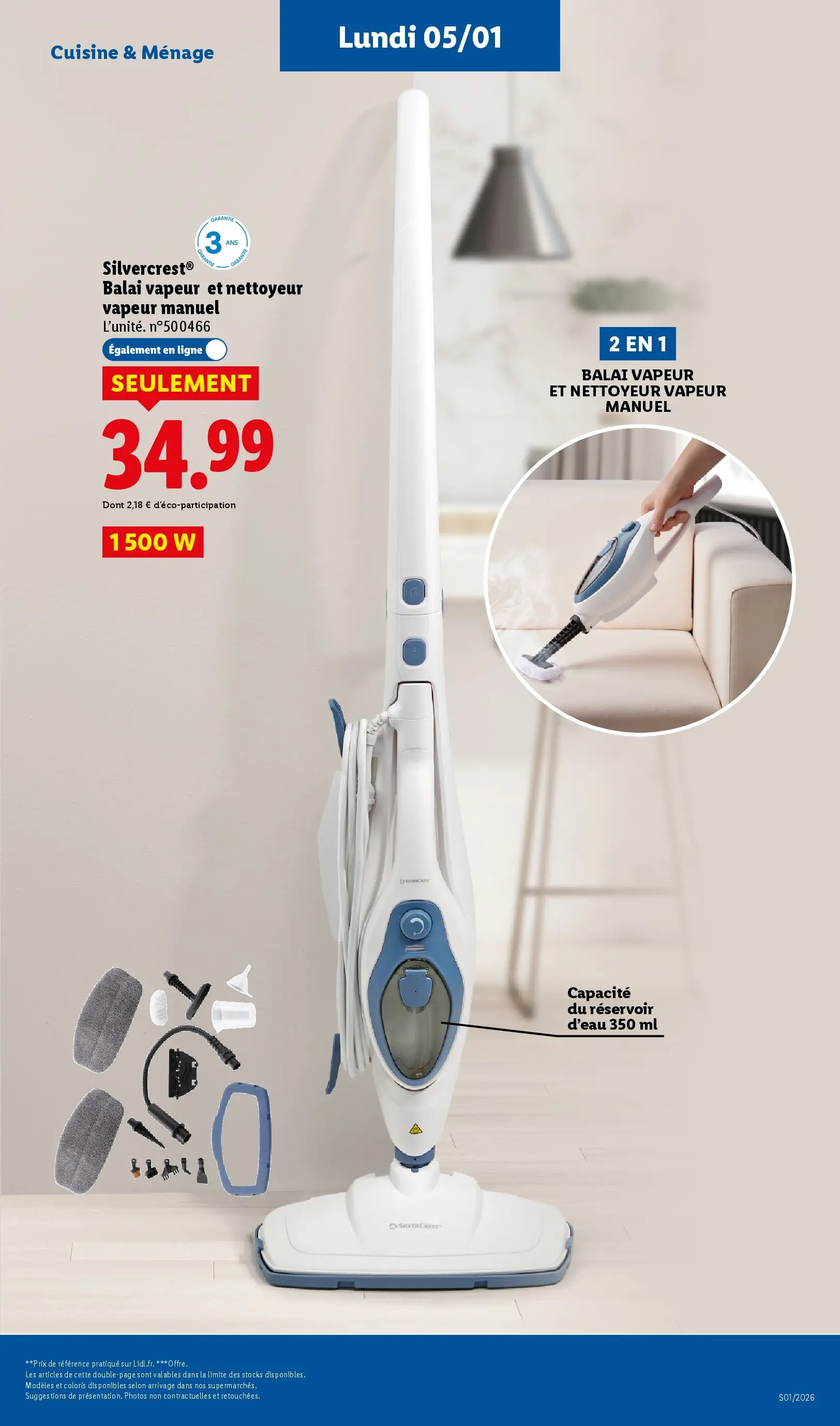 Catalogue LIDL du 02/01/2026 | Promo prospectus en ligne | Page: 63 | Produits: Nettoyeur vapeur, Réservoir d'eau, Balai