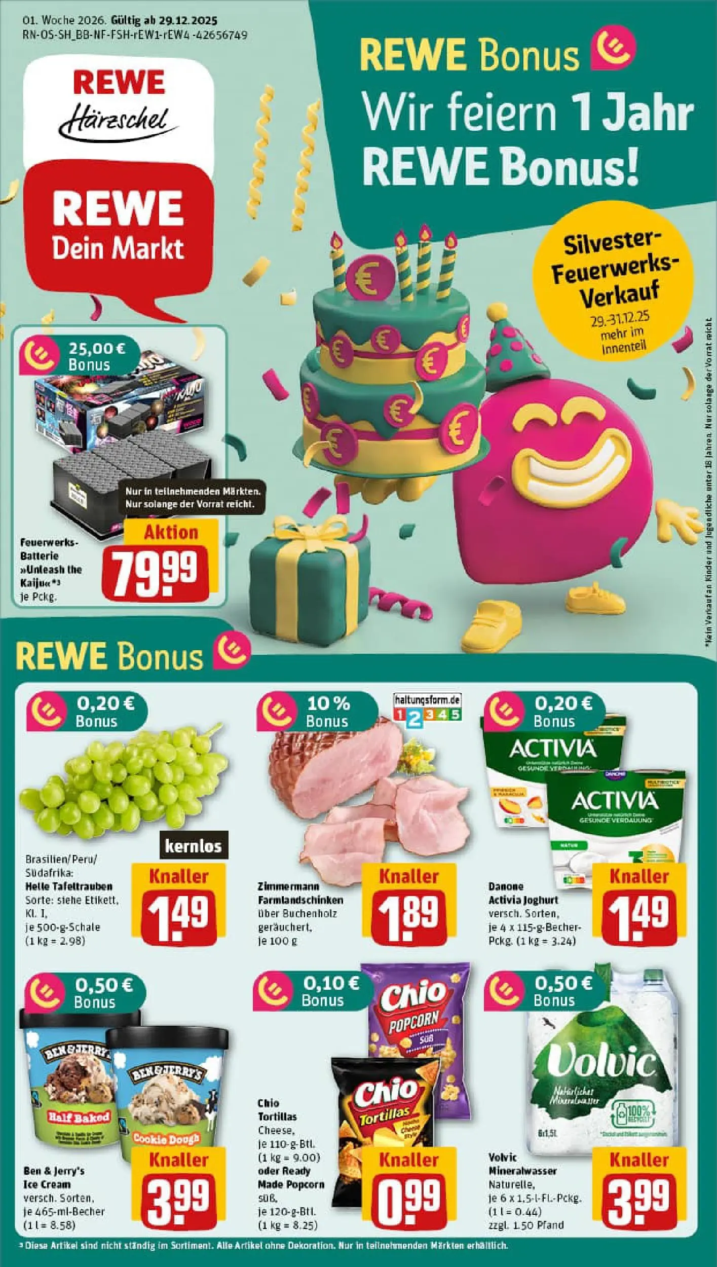 REWE Prospekt ab 29.12.2025 zum Blättern » Angebote | Seite: 1 | Produkte: Danone activia, Batterie, Mineralwasser, Volvic
