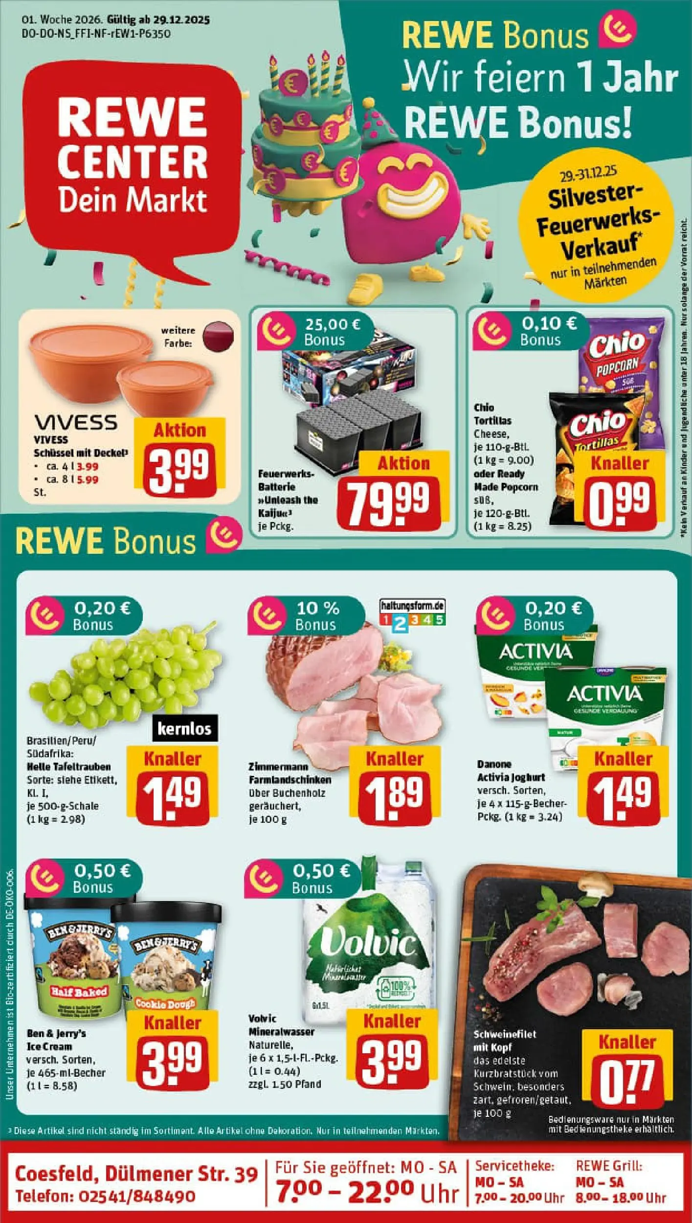 REWE Prospekt ab 29.12.2025 zum Blättern » Angebote | Seite: 1 | Produkte: Activia, Danone activia, Schweinefilet, Chio tortillas