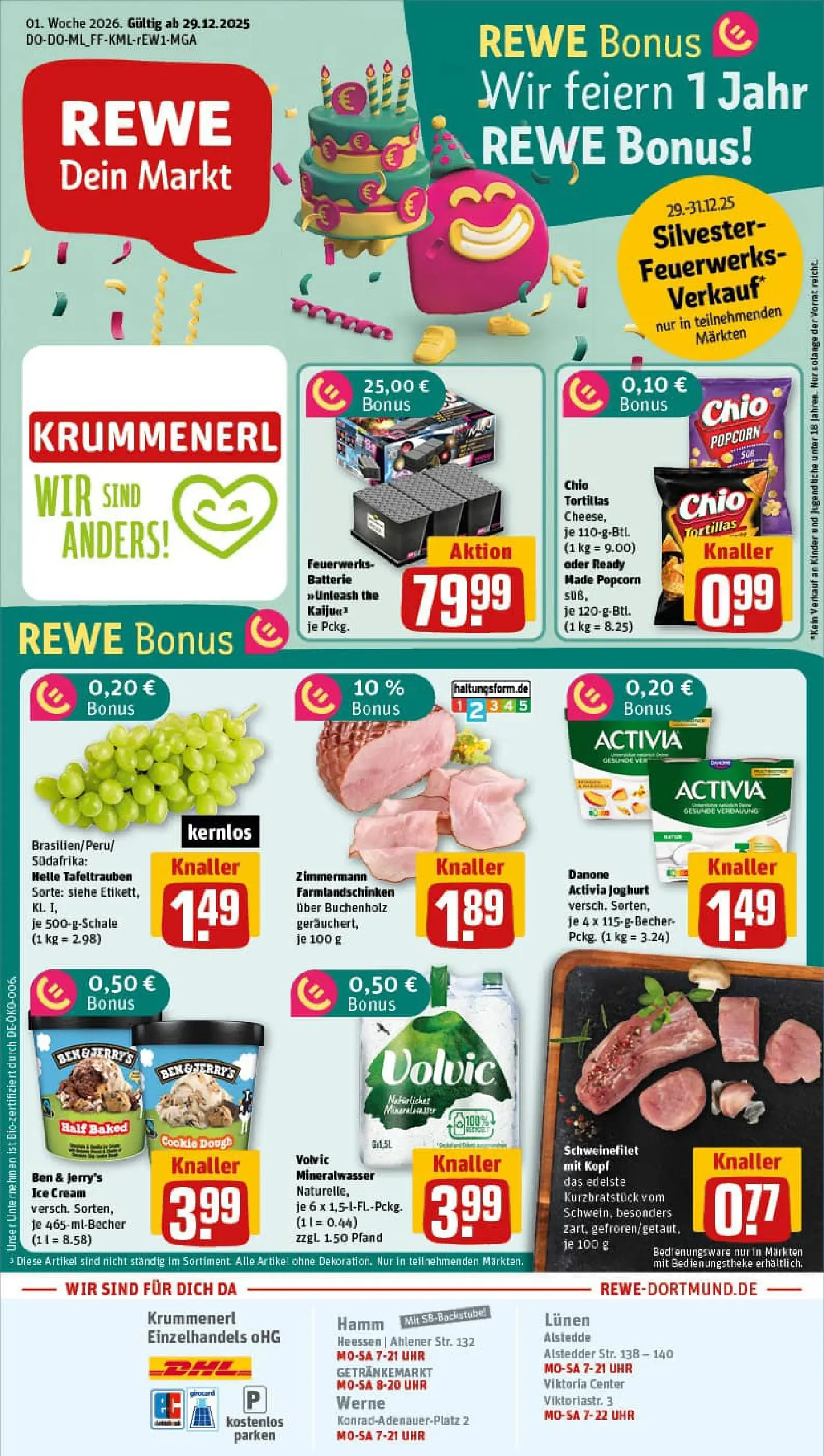 REWE Prospekt ab 29.12.2025 zum Blättern » Angebote | Seite: 1 | Produkte: Batterie, Mineralwasser, Ben & Jerry's, Uhr