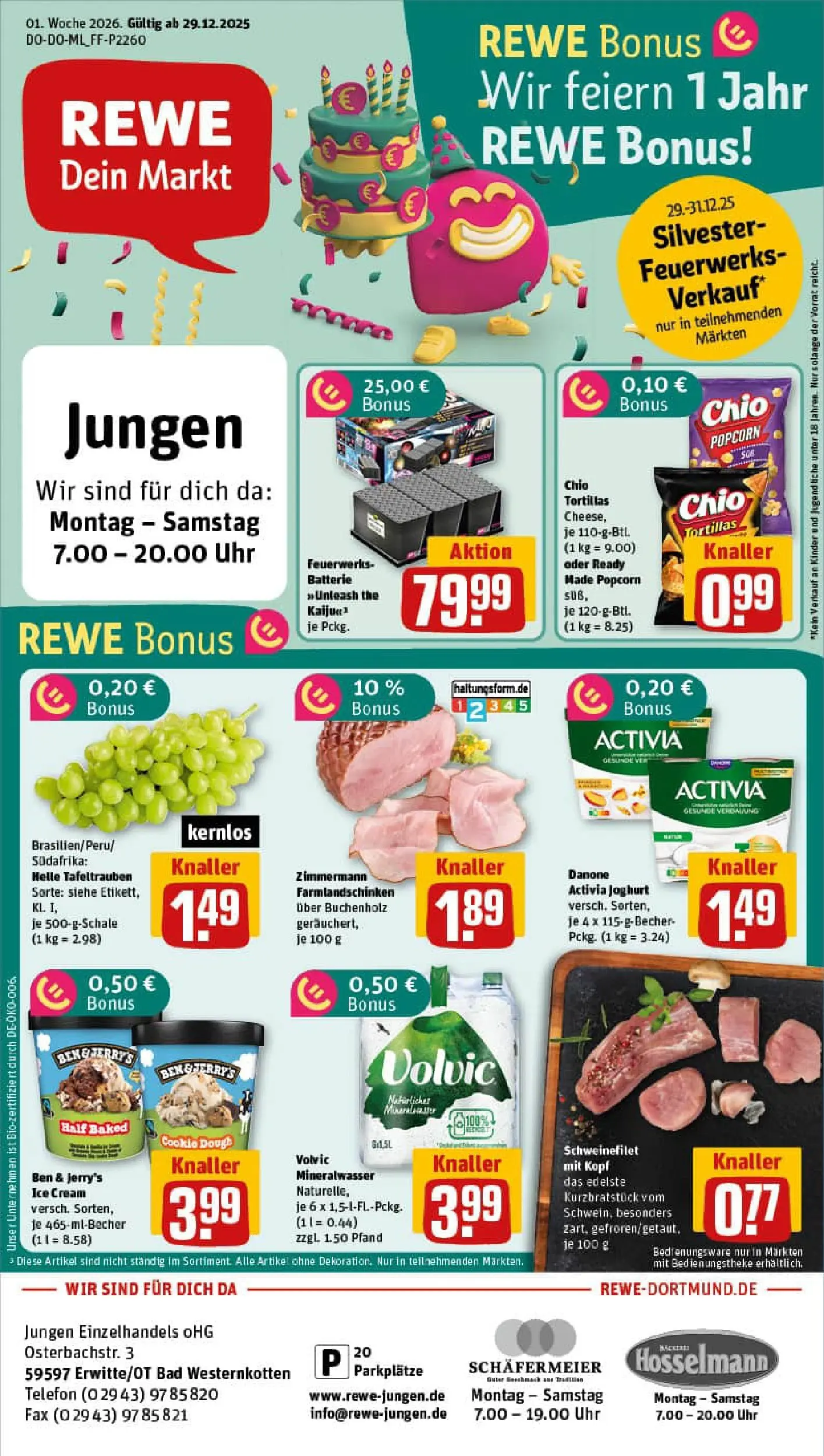 REWE Prospekt ab 29.12.2025 zum Blättern » Angebote | Seite: 1 | Produkte: Danone activia, Bad, Ben & Jerry's, Chio tortillas