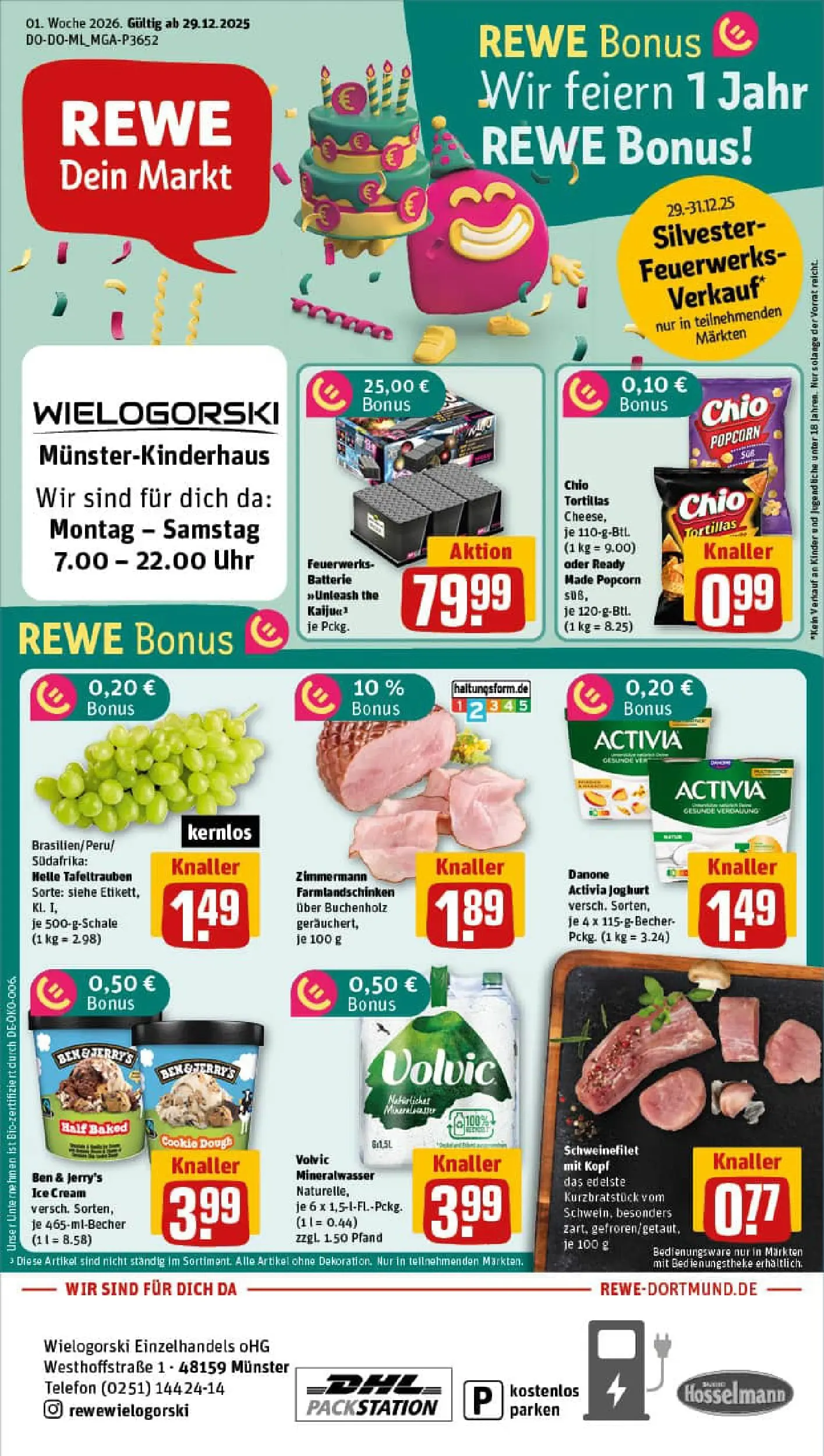 REWE Prospekt ab 29.12.2025 zum Blättern » Angebote | Seite: 1 | Produkte: Activia, Batterie, Schweinefilet, Uhr