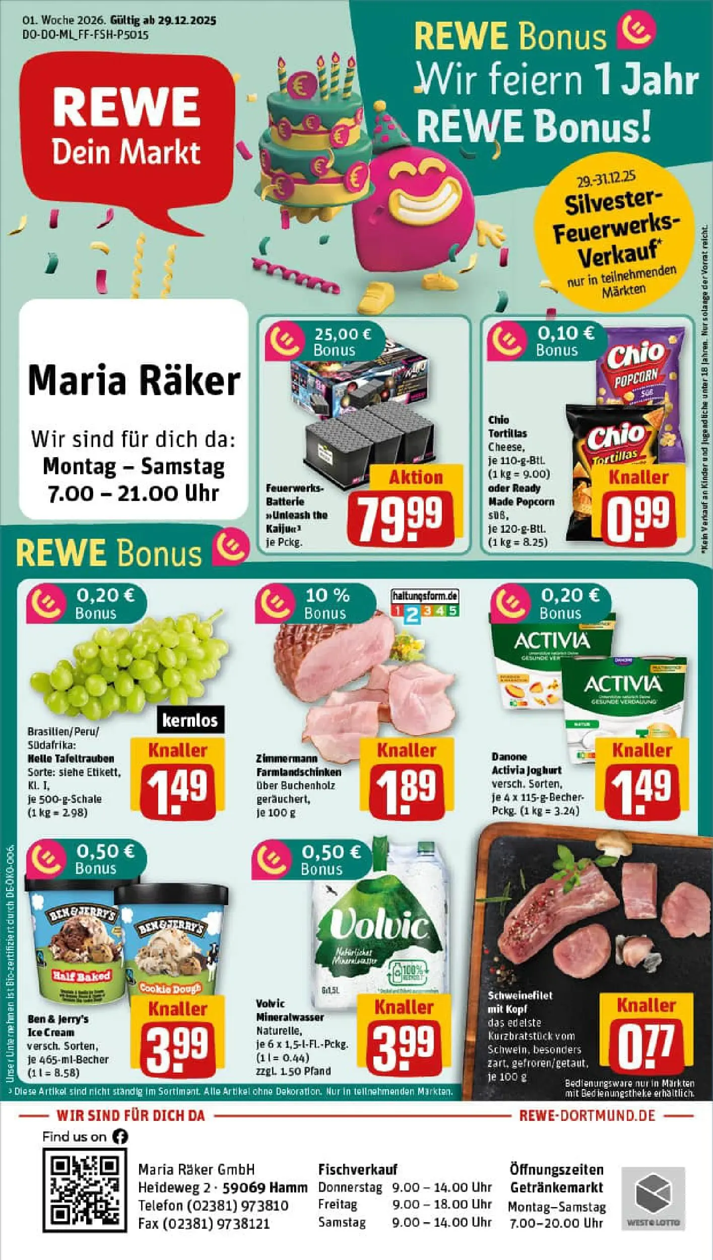 REWE Prospekt ab 29.12.2025 zum Blättern » Angebote | Seite: 1 | Produkte: Batterie, Mineralwasser, Schweinefilet, Chio tortillas