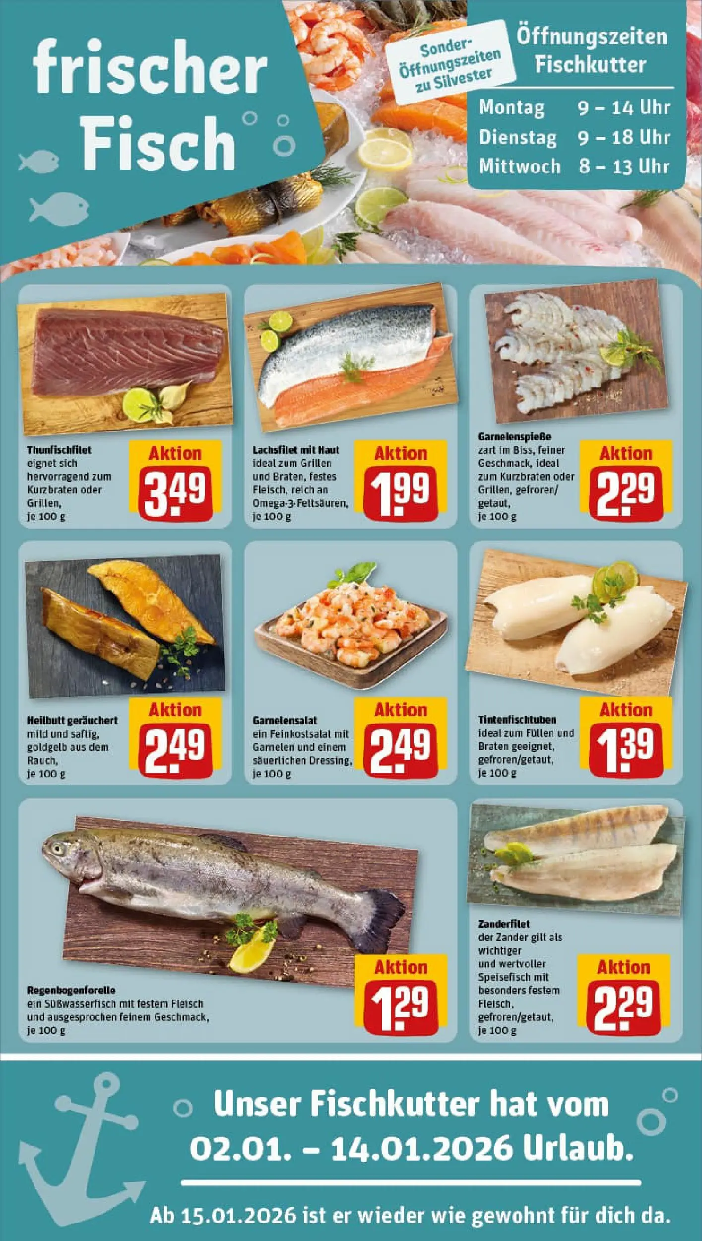 REWE Prospekt ab 29.12.2025 zum Blättern » Angebote | Seite: 25 | Produkte: Garnelen, Fisch, Fleisch, Uhr
