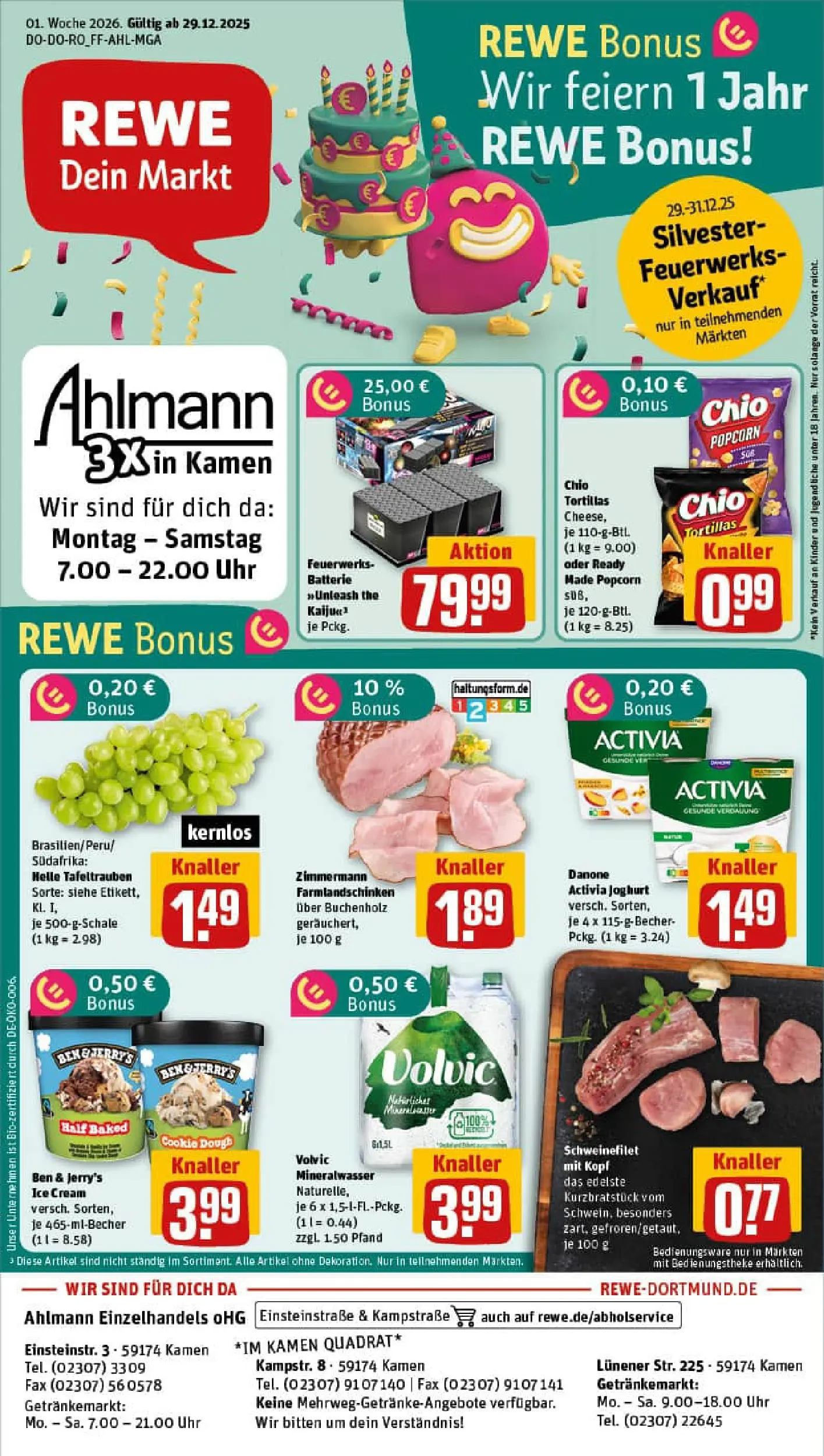 REWE Prospekt ab 29.12.2025 zum Blättern » Angebote | Seite: 1 | Produkte: Activia, Batterie, Chio tortillas, Volvic