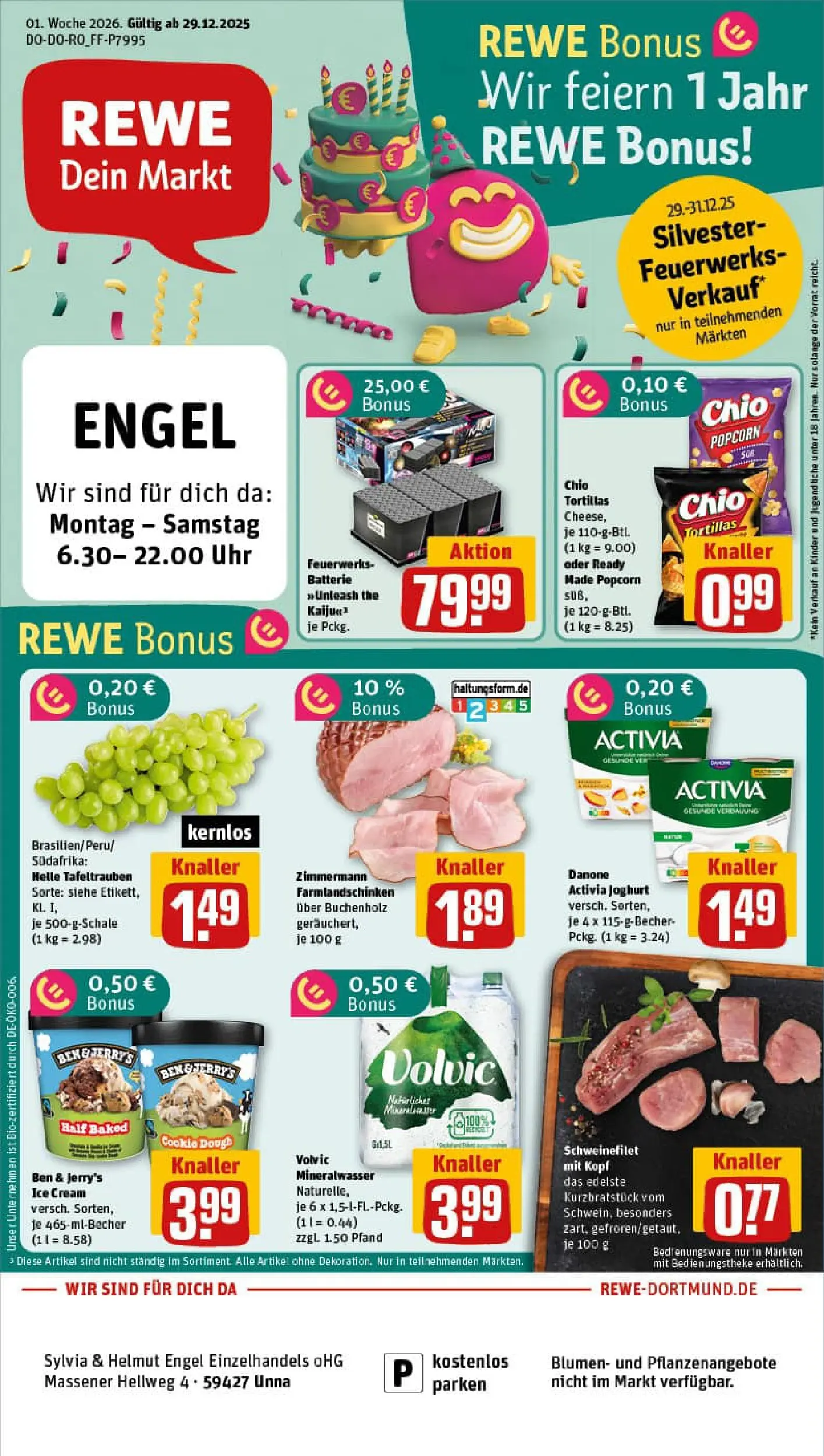 REWE Prospekt ab 29.12.2025 zum Blättern » Angebote | Seite: 1 | Produkte: Blumen, Mineralwasser, Chio tortillas, Chips