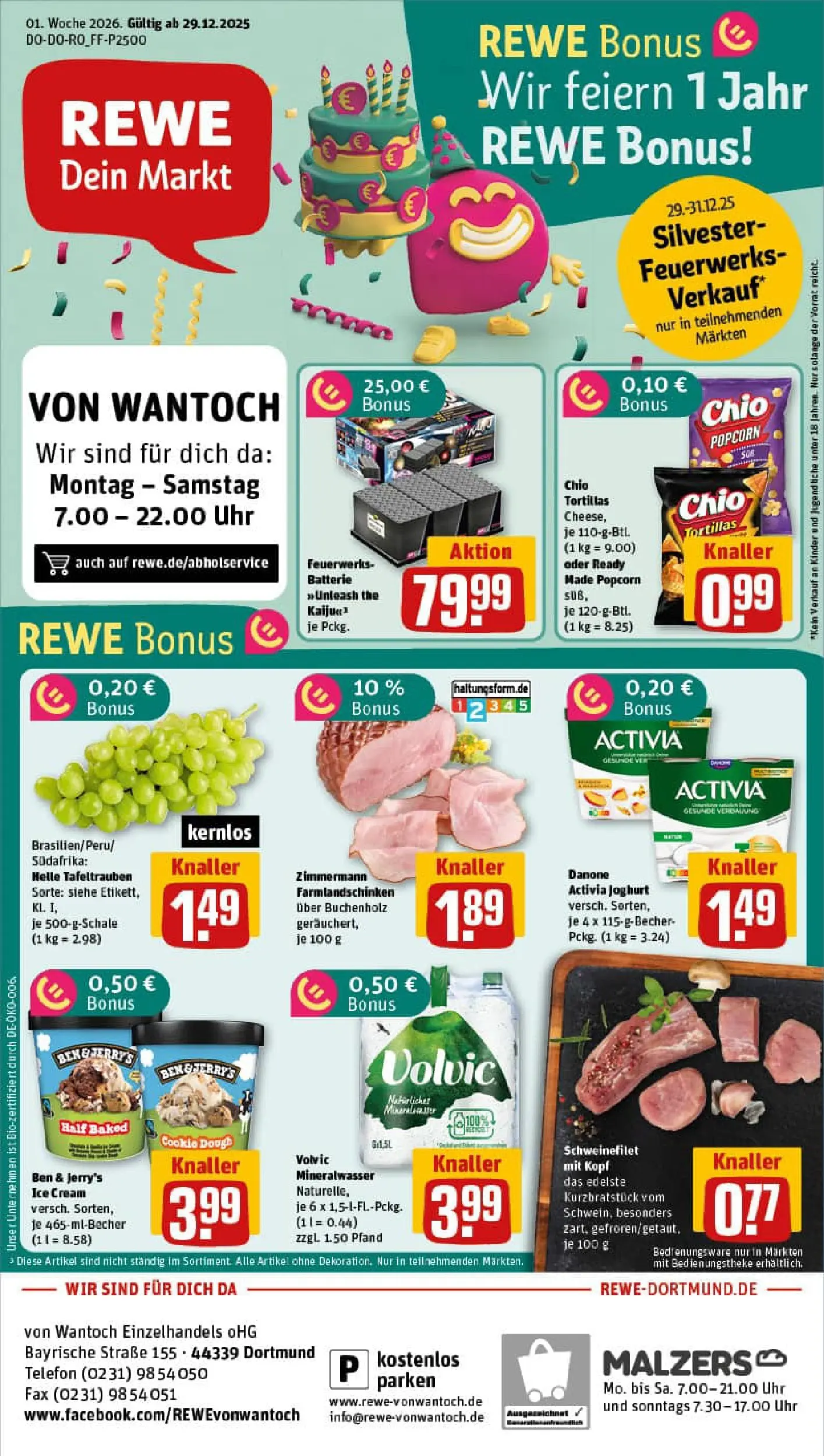 REWE Prospekt ab 29.12.2025 zum Blättern » Angebote | Seite: 1 | Produkte: Activia, Mineralwasser, Ben & Jerry's, Chio tortillas