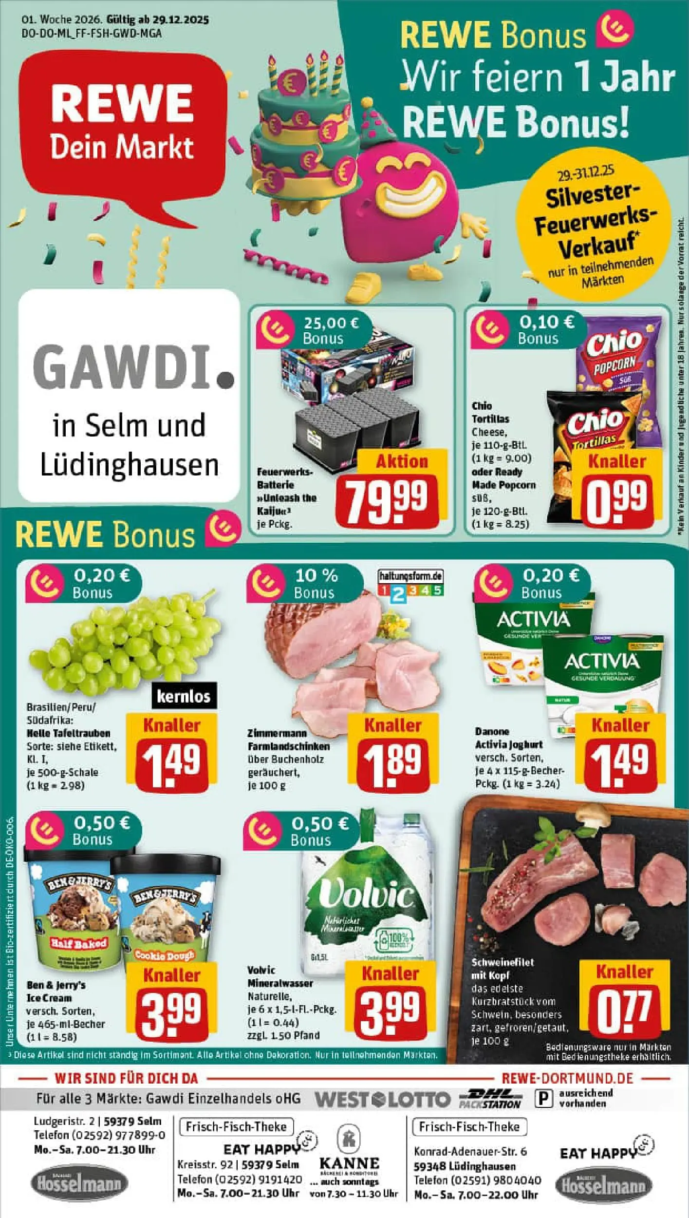 REWE Prospekt ab 29.12.2025 zum Blättern » Angebote | Seite: 1 | Produkte: Danone activia, Batterie, Telefon, Uhr