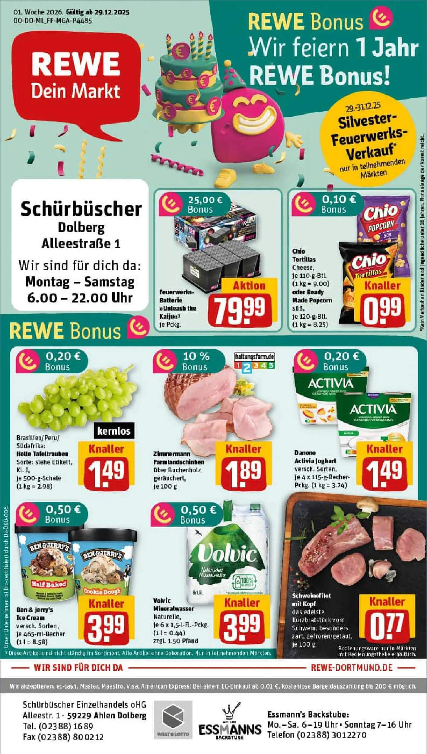 REWE Prospekt ab 29.12.2025 zum Blättern » Angebote | Seite: 1 | Produkte: Activia, Batterie, Mineralwasser, Ben & Jerry's