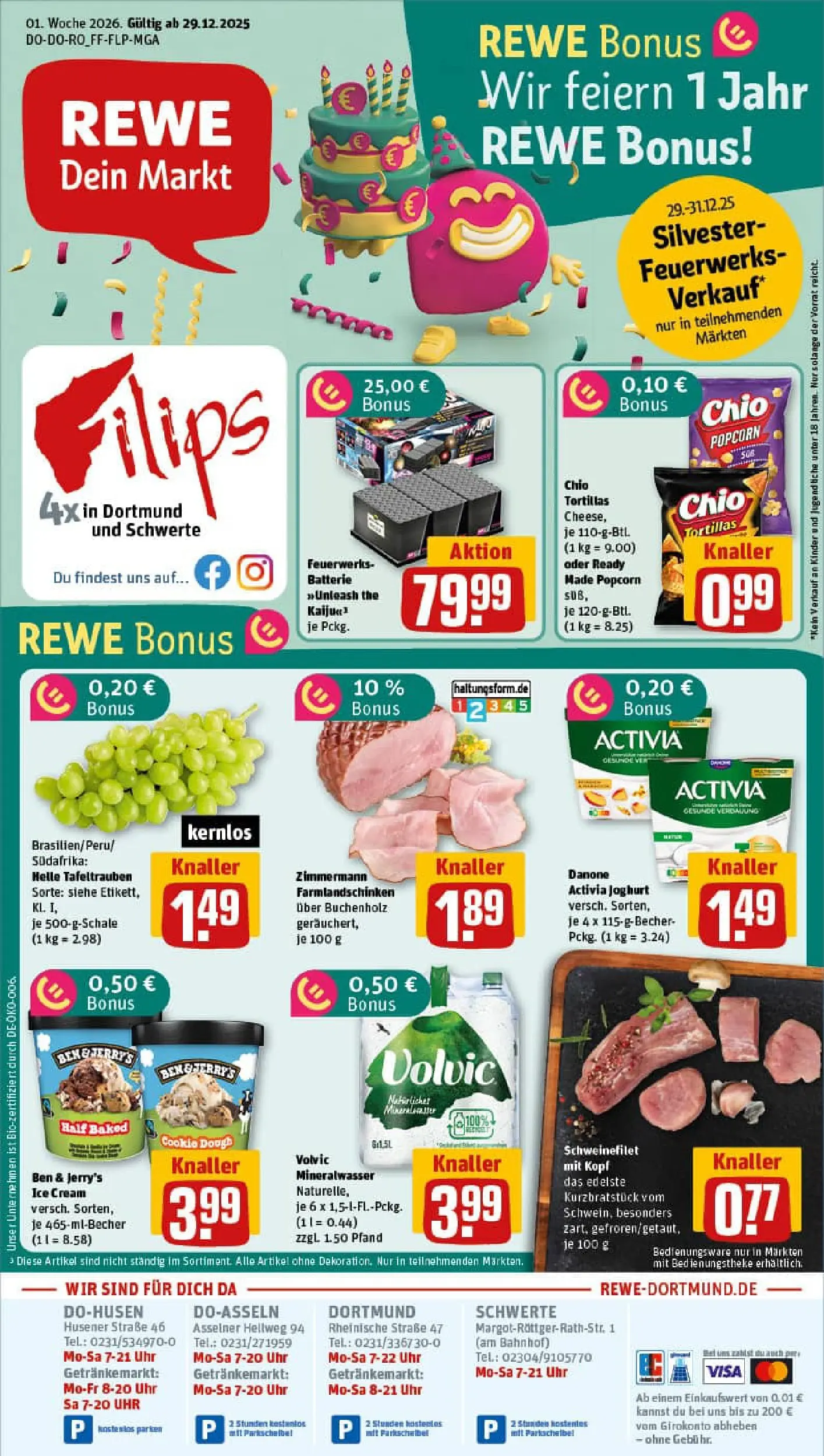 REWE Prospekt ab 29.12.2025 zum Blättern » Angebote | Seite: 1 | Produkte: Activia, Danone activia, Batterie, Ben & Jerry's
