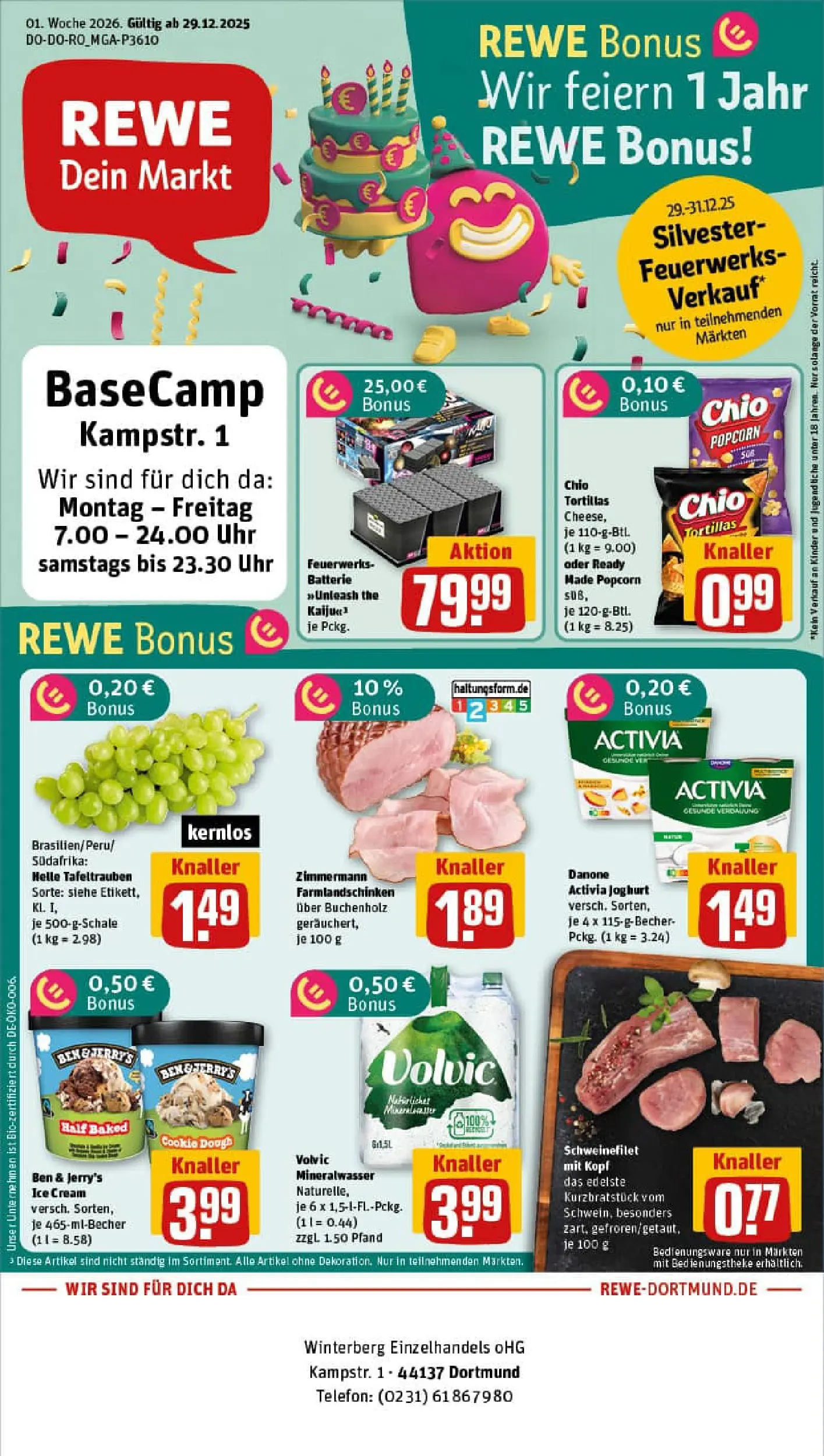 REWE Prospekt ab 29.12.2025 zum Blättern » Angebote | Seite: 1 | Produkte: Danone activia, Ben & Jerry's, Schweinefilet, Chio tortillas