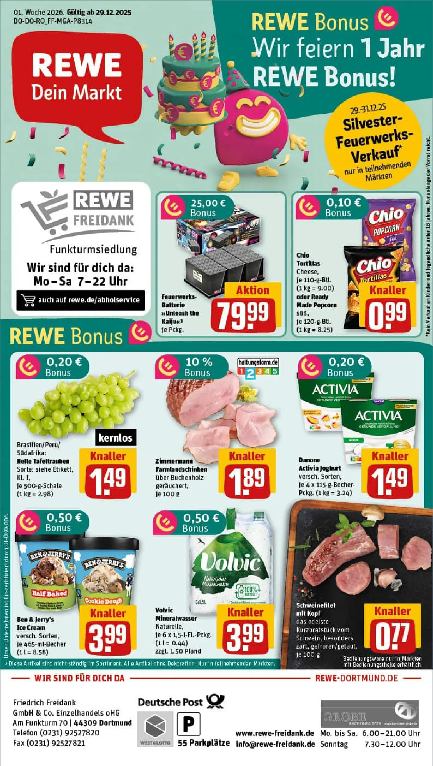 REWE Prospekt ab 29.12.2025 zum Blättern » Angebote | Seite: 1 | Produkte: Danone activia, Joghurt, Mineralwasser, Schweinefilet