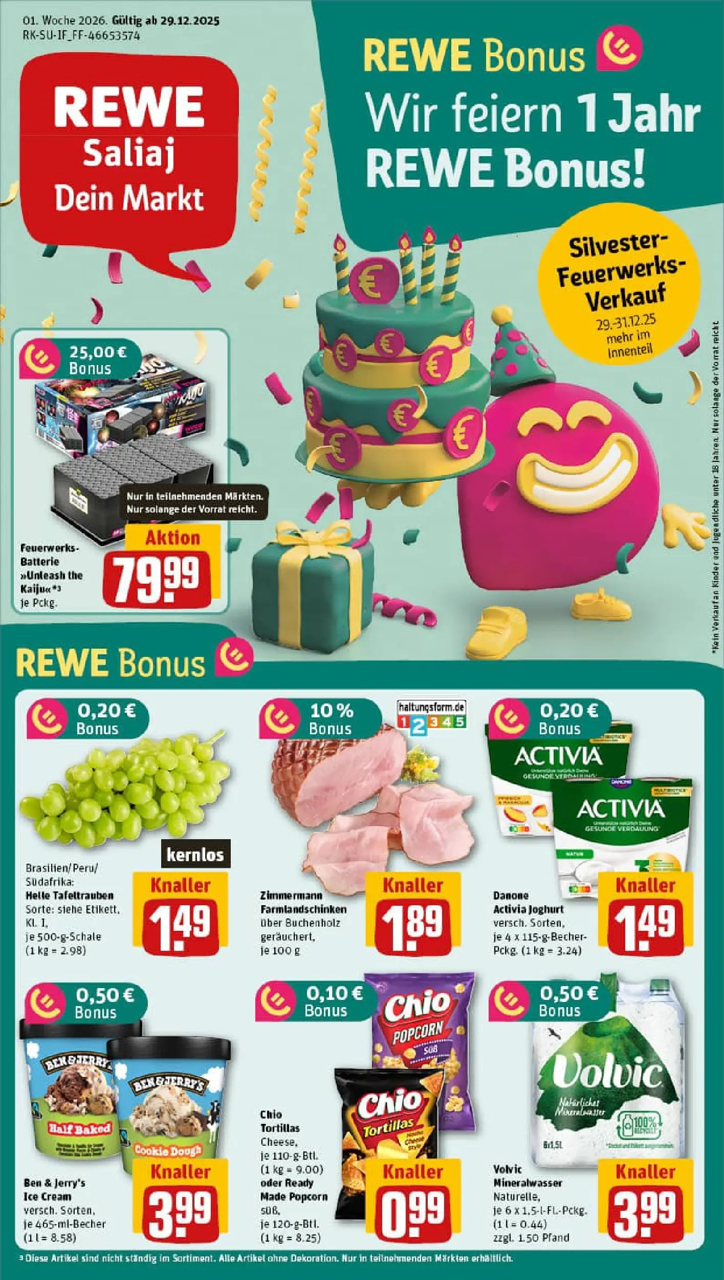 REWE Prospekt ab 29.12.2025 zum Blättern » Angebote | Seite: 1 | Produkte: Activia, Mineralwasser, Chio tortillas, Chips