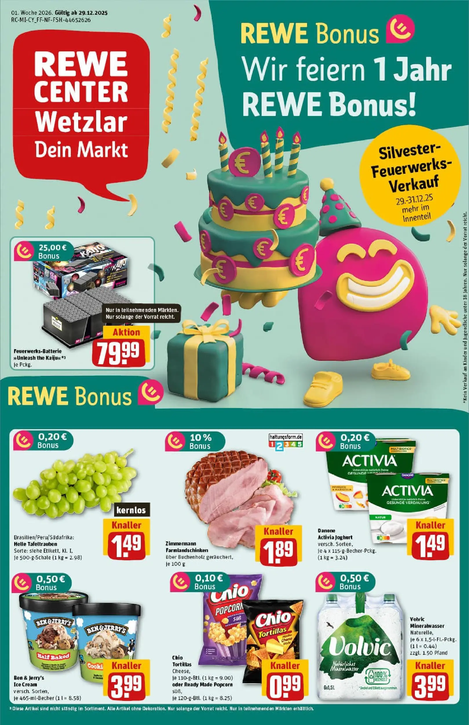 REWE Prospekt ab 29.12.2025 zum Blättern » Angebote | Seite: 1 | Produkte: Mineralwasser, Ben & Jerry's, Chio tortillas, Chips