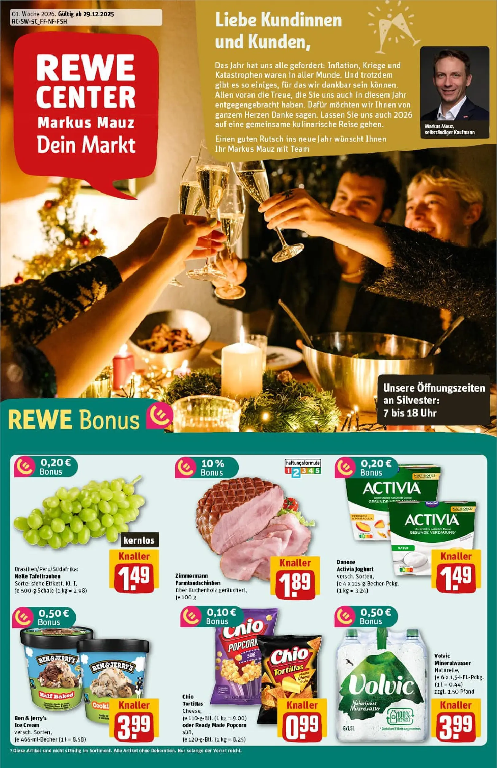 REWE Prospekt ab 29.12.2025 zum Blättern » Angebote | Seite: 1 | Produkte: Activia, Chips, Volvic, Uhr