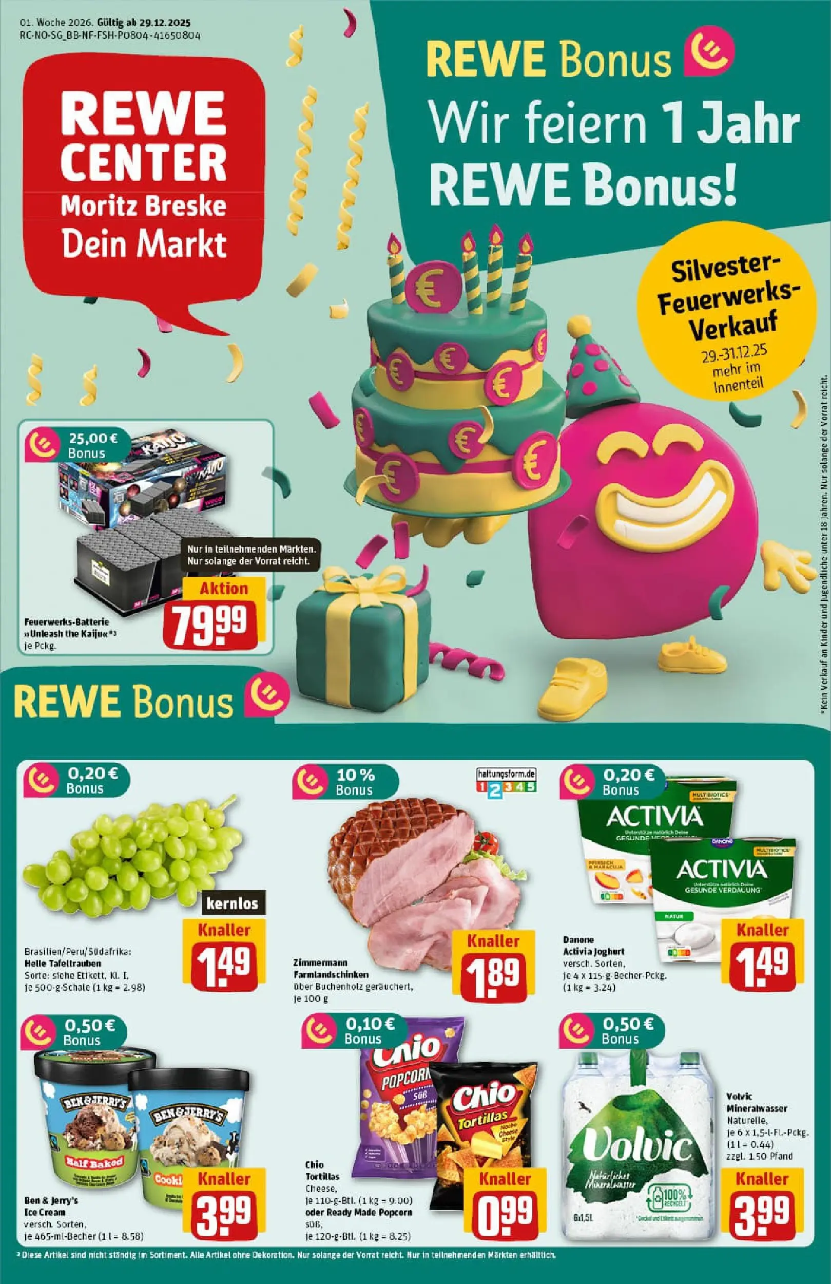 REWE Prospekt ab 29.12.2025 zum Blättern » Angebote | Seite: 1 | Produkte: Mineralwasser, Ben & Jerry's, Chio tortillas, Chips