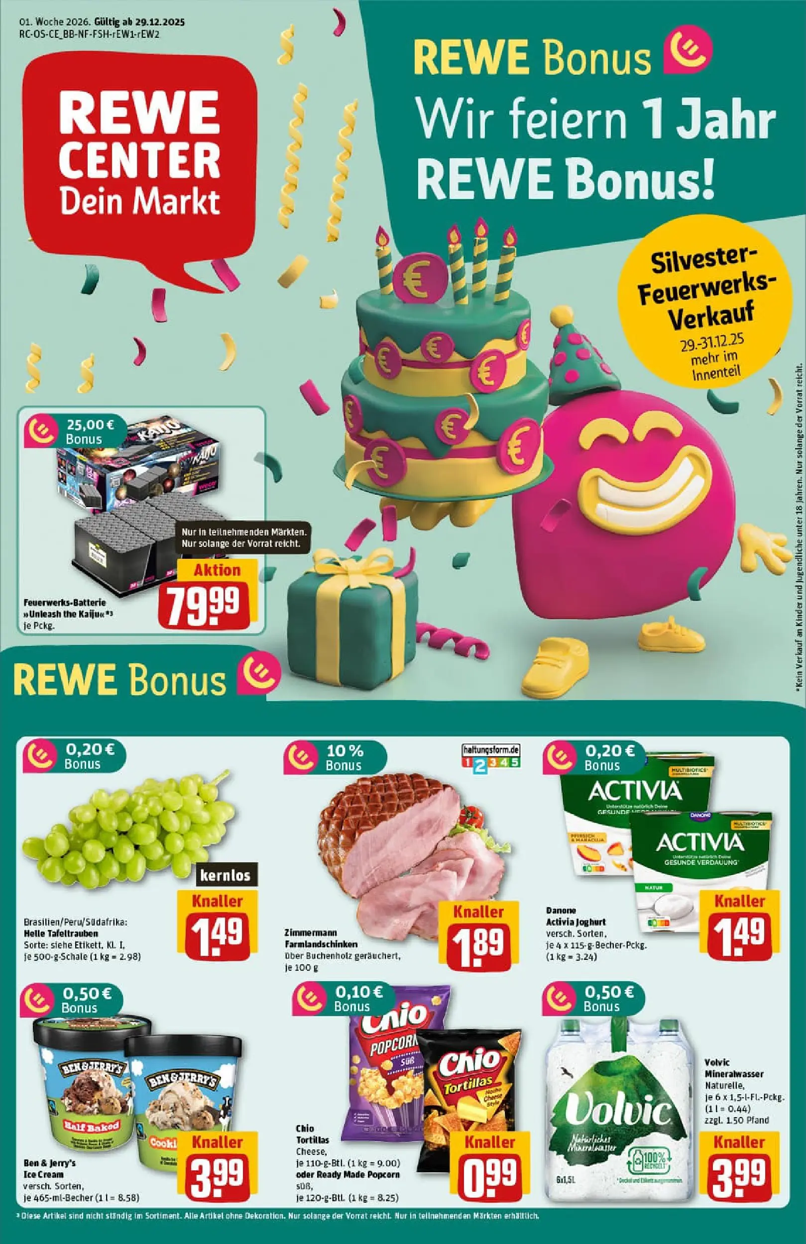 REWE Prospekt ab 29.12.2025 zum Blättern » Angebote | Seite: 1 | Produkte: Activia, Mineralwasser, Ben & Jerry's, Chips