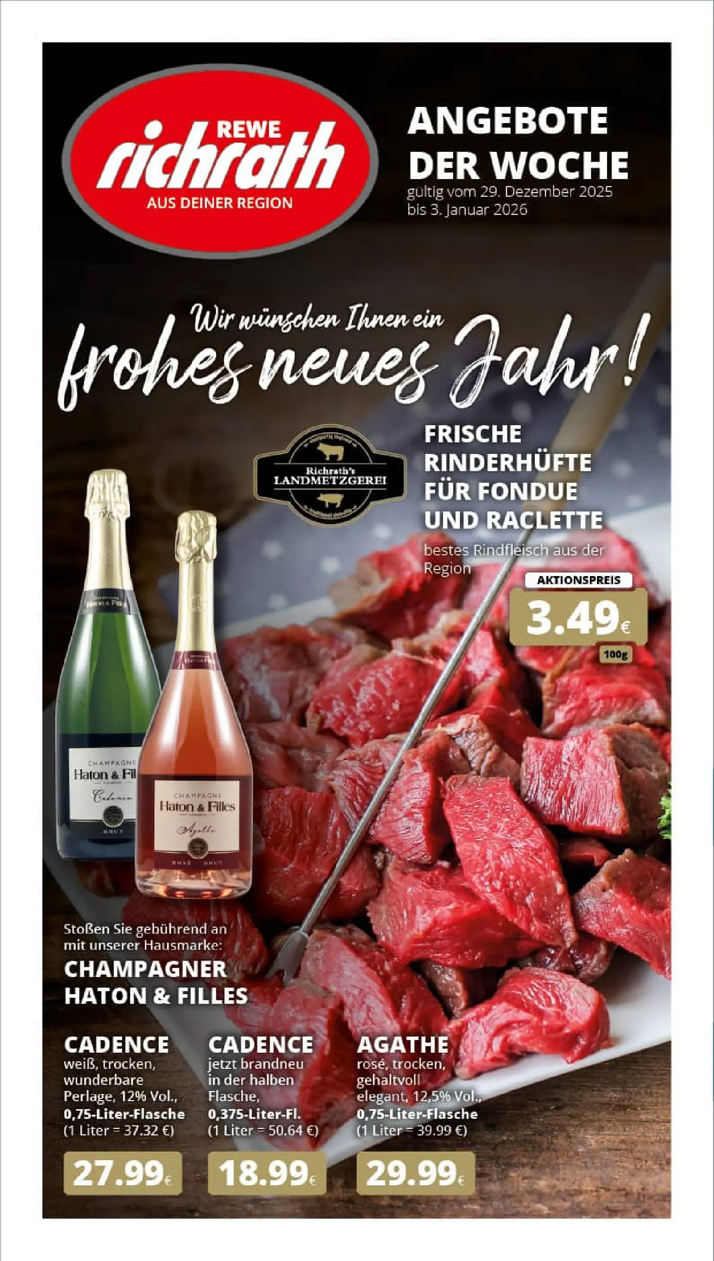 REWE Prospekt ab 29.12.2025 zum Blättern » Angebote | Seite: 1 | Produkte: Raclette, Rindfleisch, Fondue