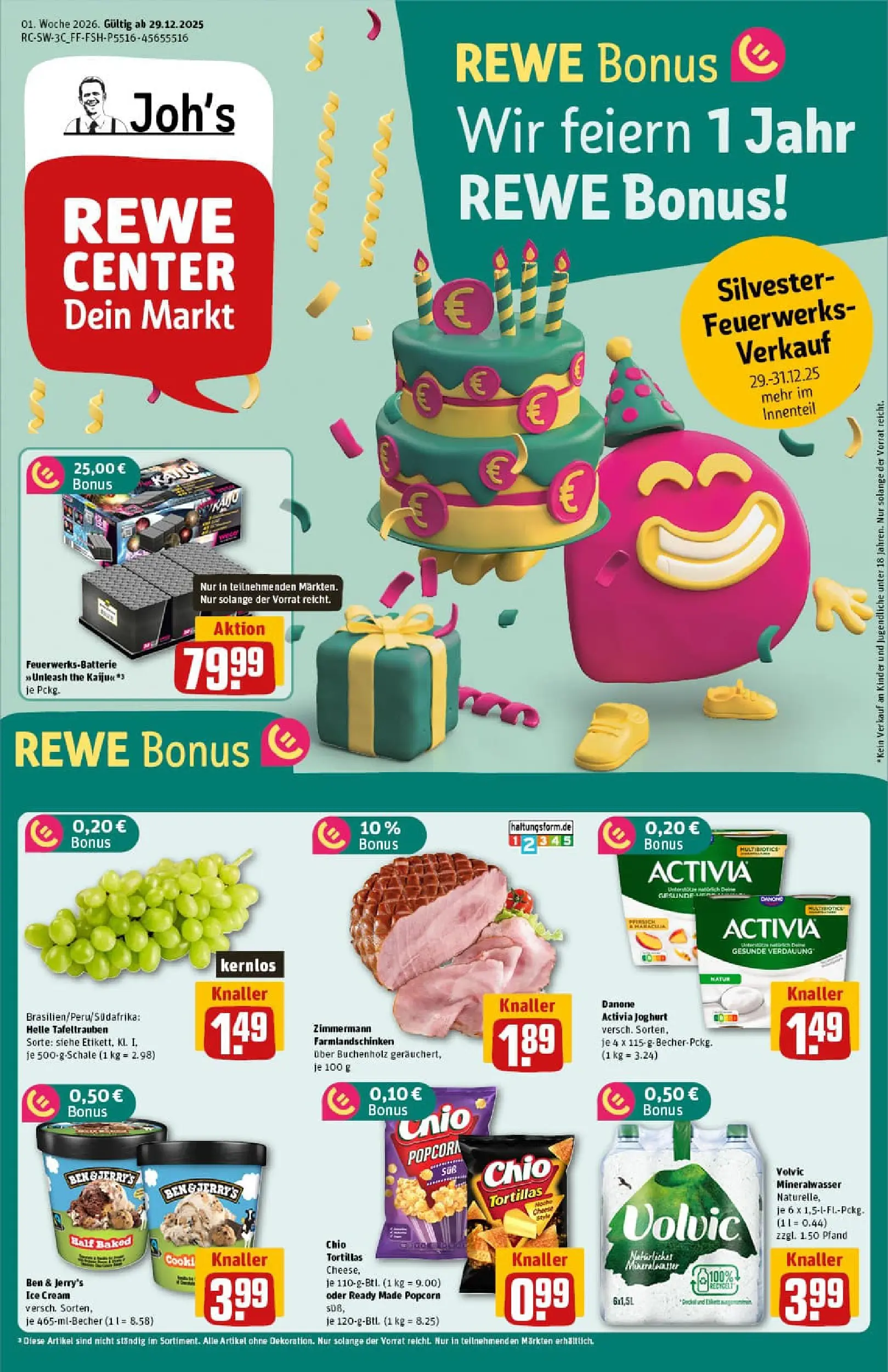 REWE Prospekt ab 29.12.2025 zum Blättern » Angebote | Seite: 1 | Produkte: Activia, Danone activia, Mineralwasser, Volvic