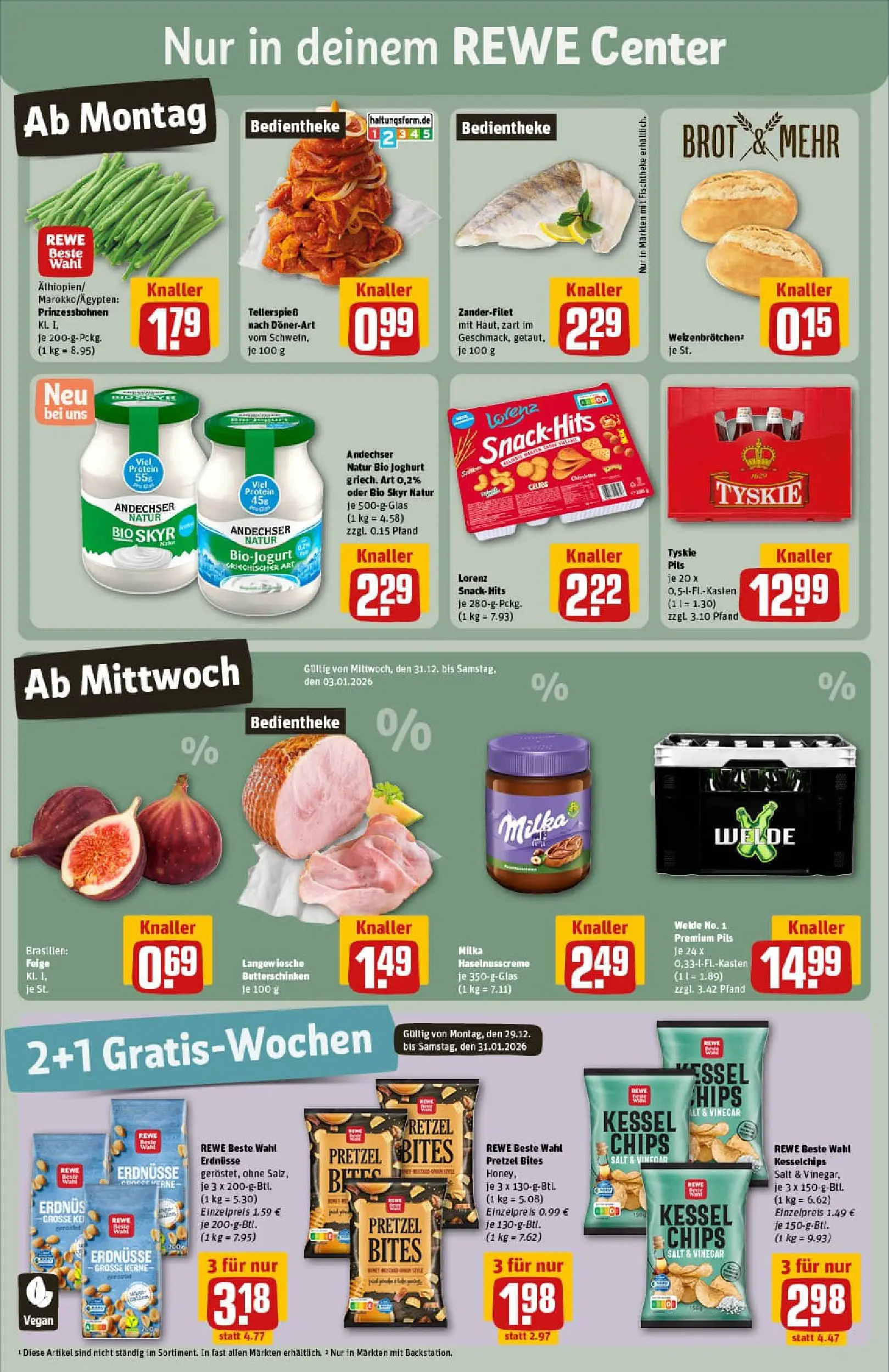 REWE Prospekt ab 29.12.2025 zum Blättern » Angebote | Seite: 3 | Produkte: Erdnüsse, Tyskie, Butter, Milka