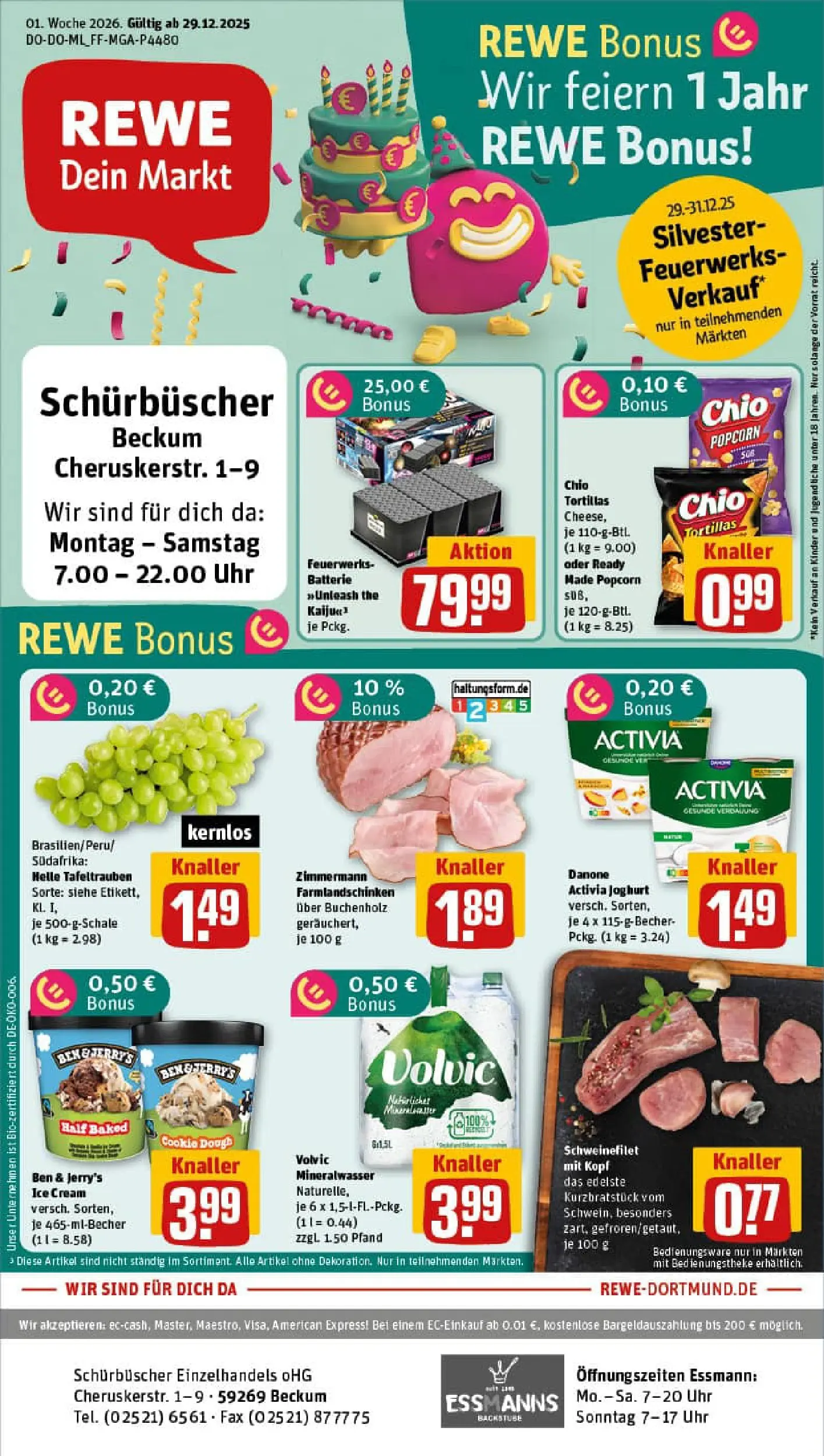 REWE Prospekt ab 29.12.2025 zum Blättern » Angebote | Seite: 1 | Produkte: Activia, Joghurt, Mineralwasser, Chips