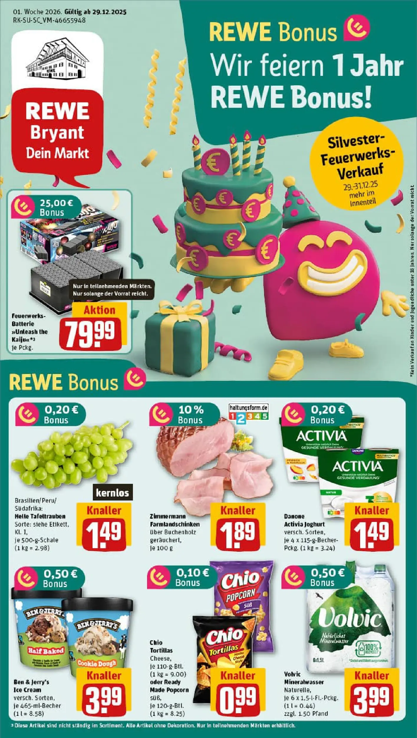 REWE Prospekt ab 29.12.2025 zum Blättern » Angebote | Seite: 1 | Produkte: Activia, Joghurt, Mineralwasser, Chio tortillas