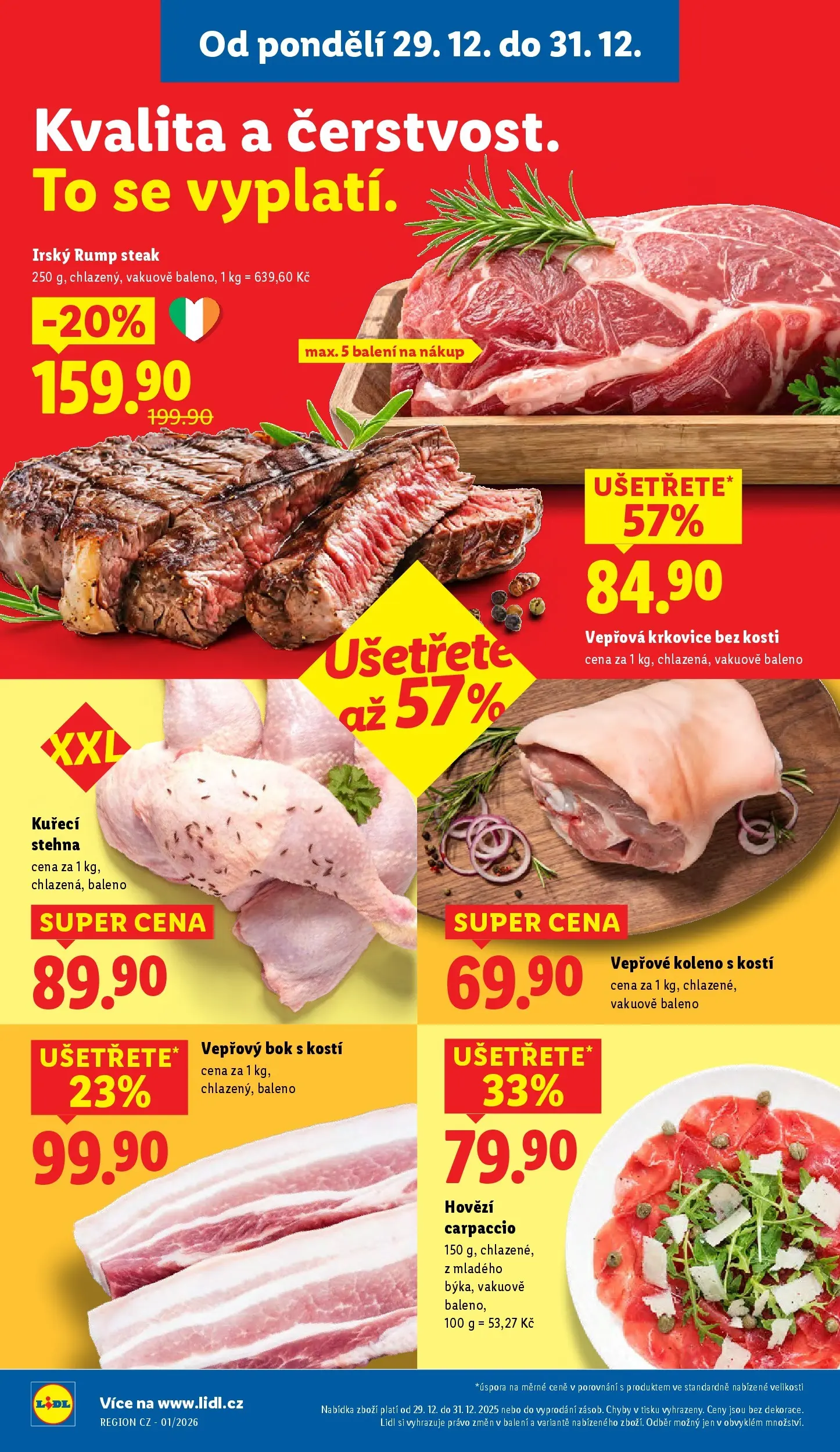 Lidl leták od 28.12.2025 - Nový akční leták | Strana: 10 | Produkty: Vepřové koleno, Krkovice bez kosti, Carpaccio, Kuřecí stehna