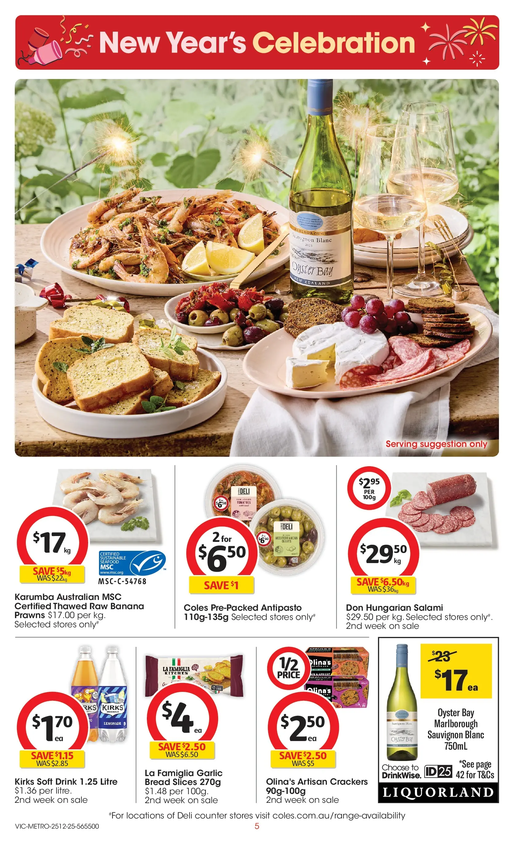 ﻿Coles catalogue valid from 25/12/2025 > Online Australia | Page: 5 | Products: Bread, Salami, Seafood, Garlic