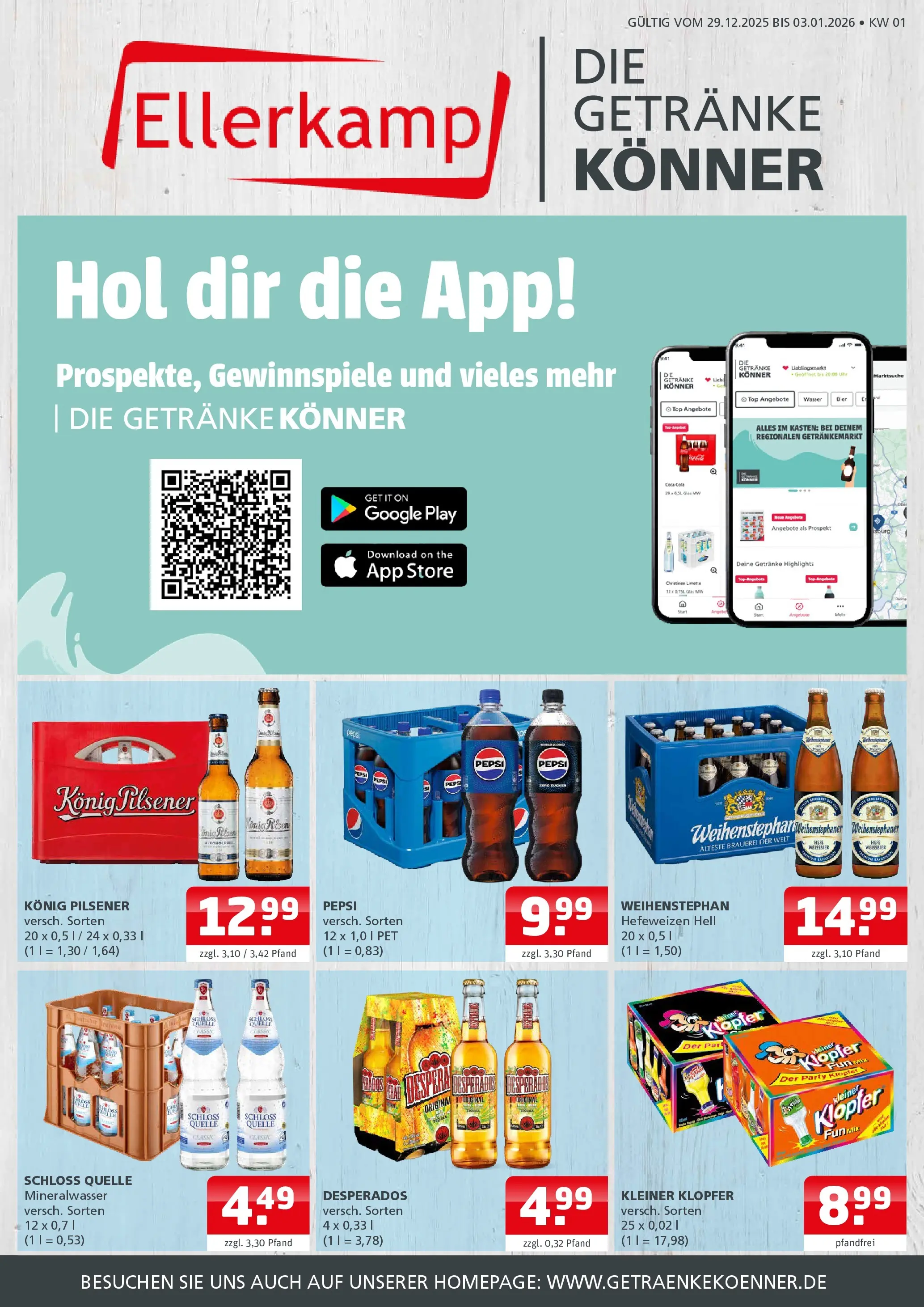 Entdecke - Getränke Ellerkamp: Getränkeangebote (ab 28.12.2025) zum Blättern | Seite: 1 | Produkte: Top, Konig pilsener, Wasser, Pepsi