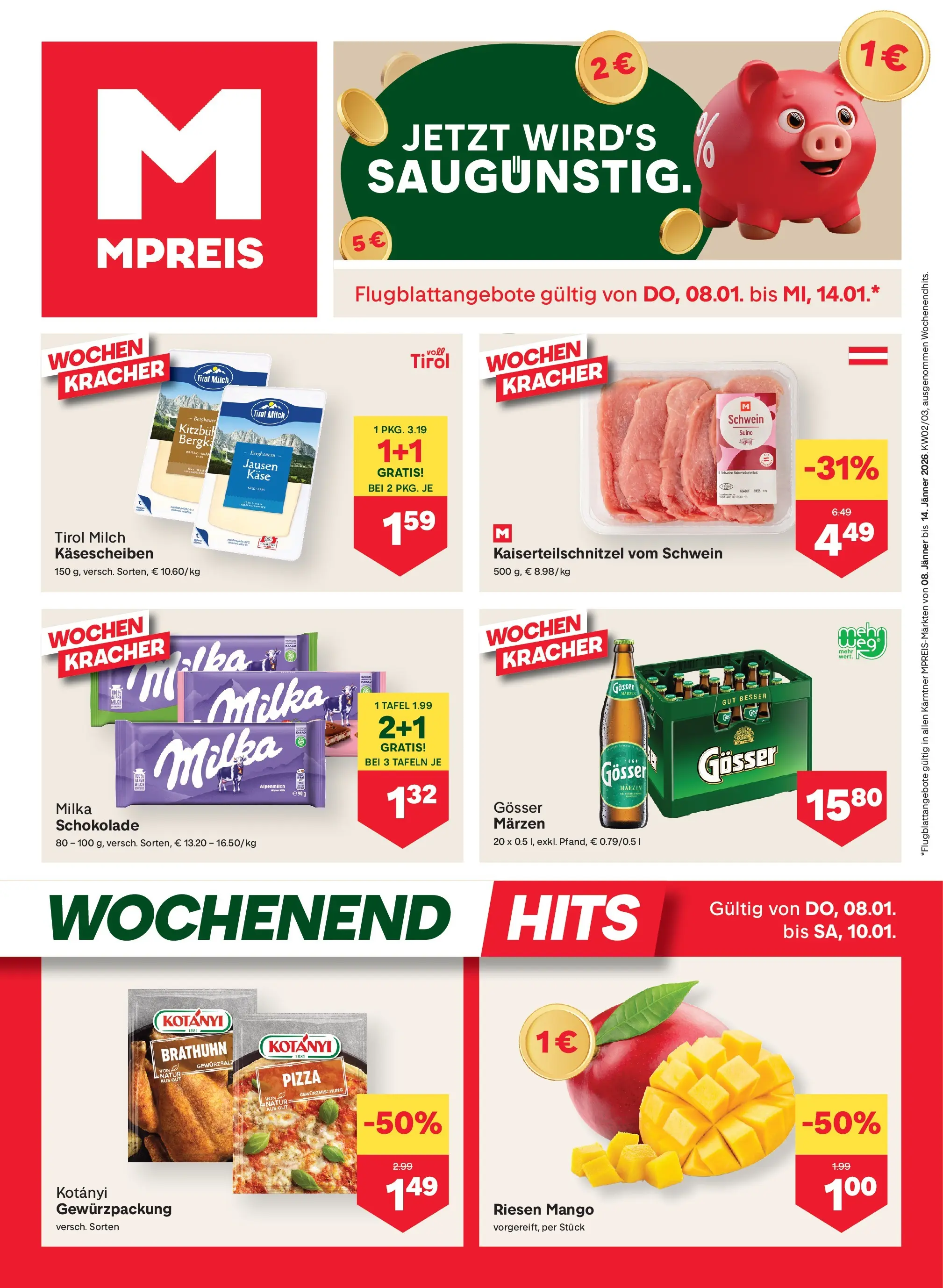 MPREIS Velden von 08.01.2026 - Aktuelle Angebote | Seite: 1 | Produkte: Mango, Milch, Käse, Pizza
