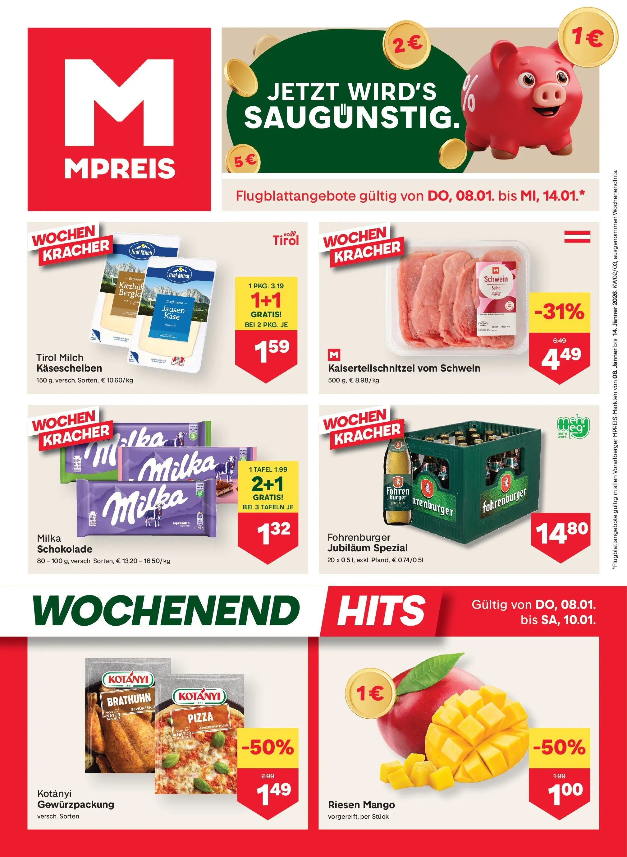 MPREIS St.Gallenkirch von 08.01.2026 - Aktuelle Angebote | Seite: 1 | Produkte: Mango, Milch, Schokolade, Pizza