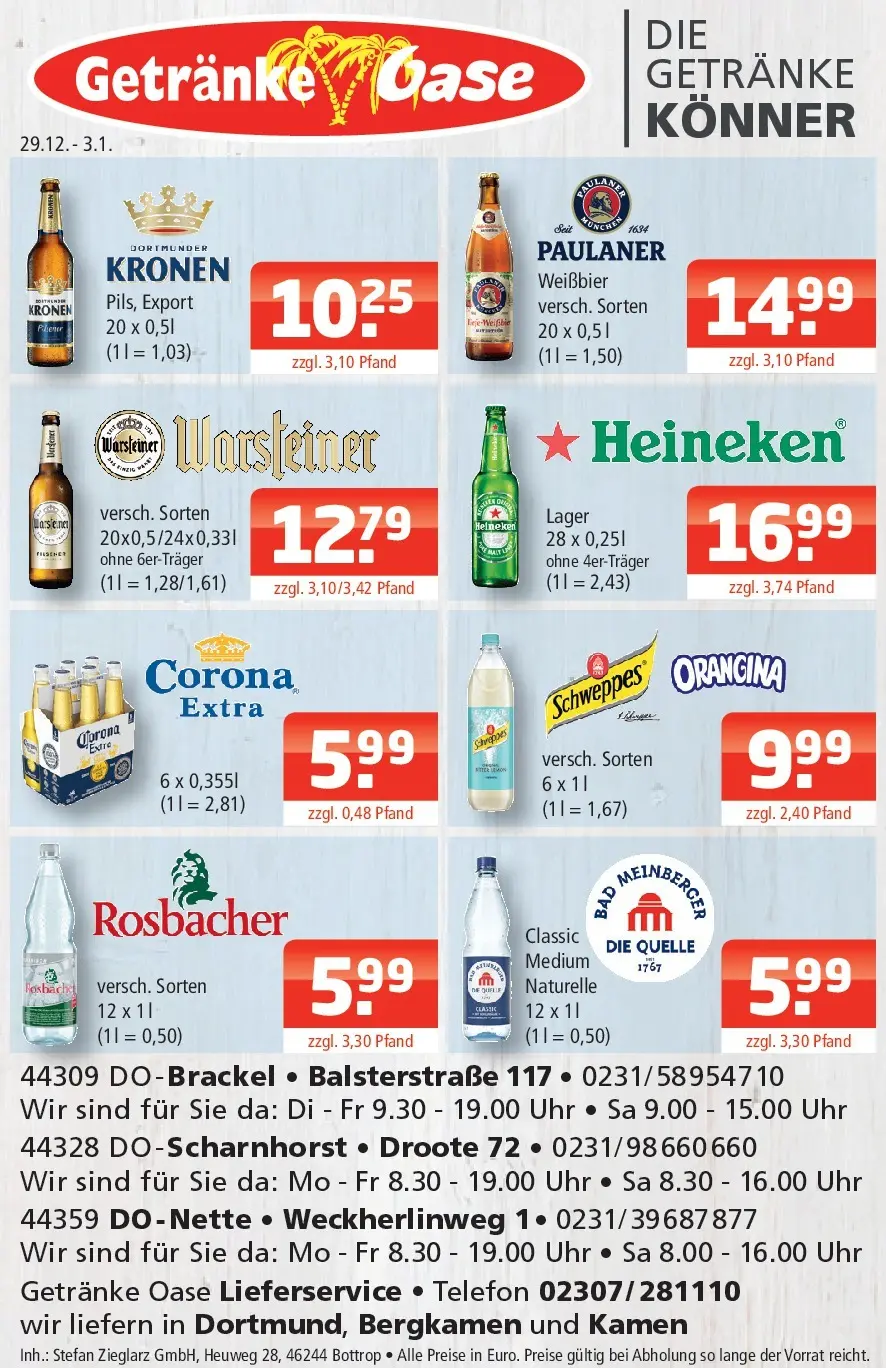 Entdecke - Getränke Oase: Getränkeangebote (ab 28.12.2025) zum Blättern | Seite: 1 | Produkte: Bad, Schweppes, Warsteiner, Telefon