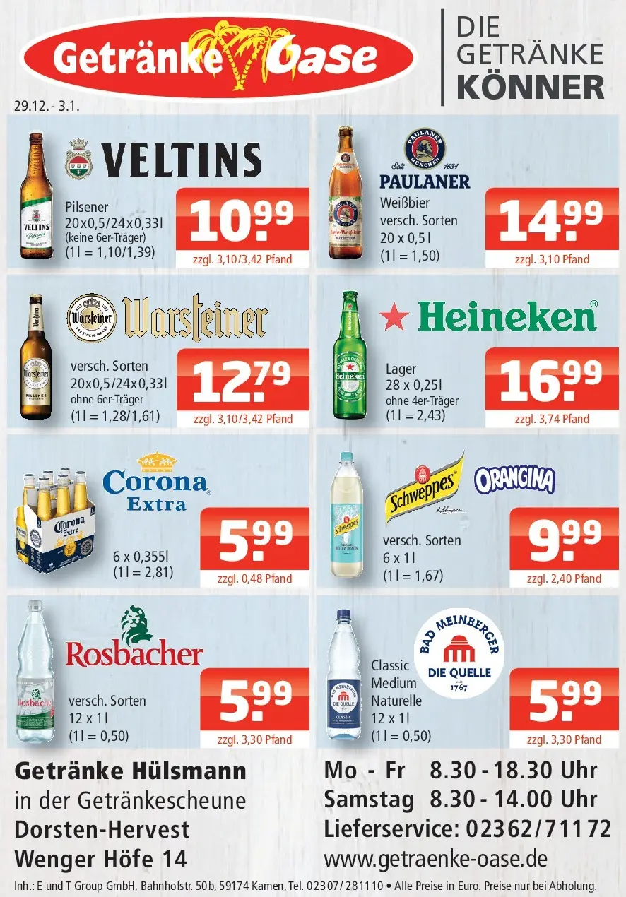 Entdecke - Getränke Oase: Getränkeangebote (ab 28.12.2025) zum Blättern | Seite: 1 | Produkte: Heineken, Warsteiner, Uhr, Veltins