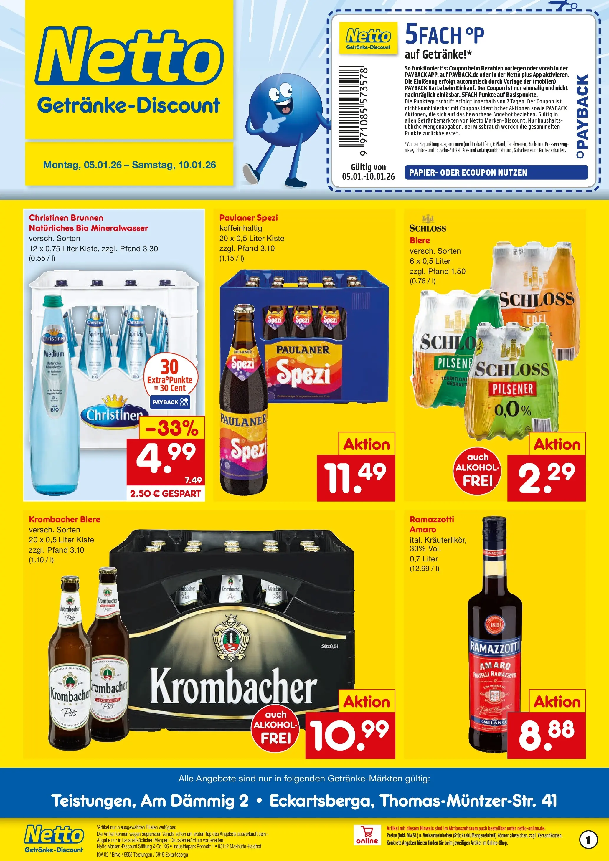 Netto Marken-Discount prospekt Teistungen	 (ab 04.01.2026) » Angebote | Seite: 1 | Produkte: Paulaner spezi, Mineralwasser, Krombacher, Ramazzotti