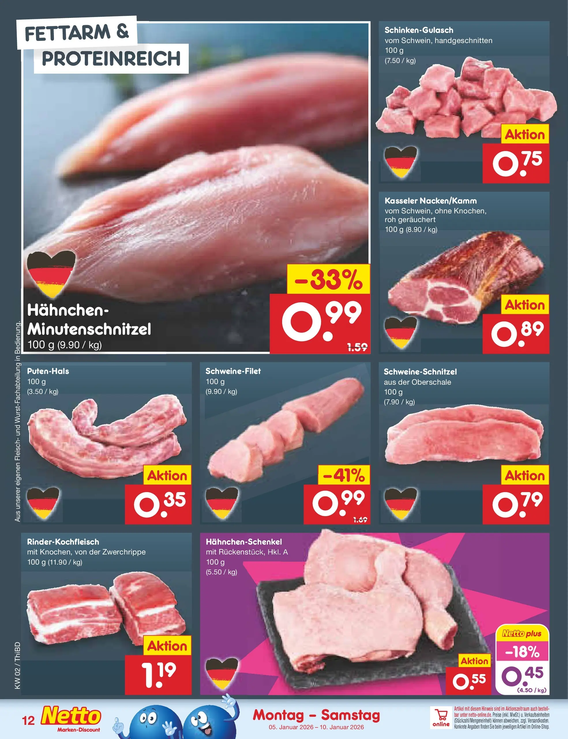 Netto Marken-Discount prospekt Thiendorf	 (ab 04.01.2026) » Angebote | Seite: 12 | Produkte: Hahnchen, Hahnchenschenkel, Schweinefilet, Fleisch