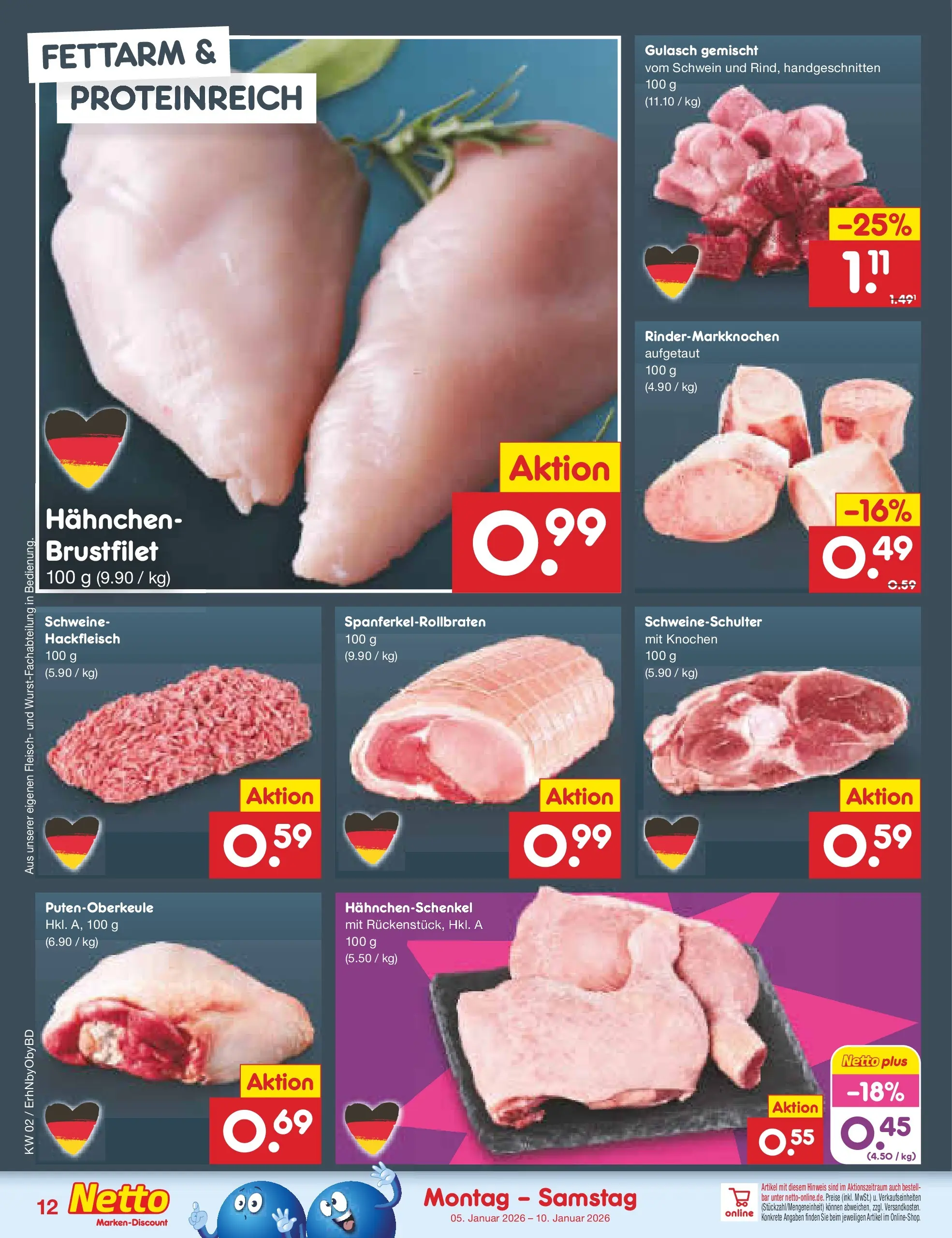 Netto Marken-Discount prospekt Ergolding	 (ab 04.01.2026) » Angebote | Seite: 12 | Produkte: Hahnchenschenkel, Gulasch, Fleisch, Hackfleisch