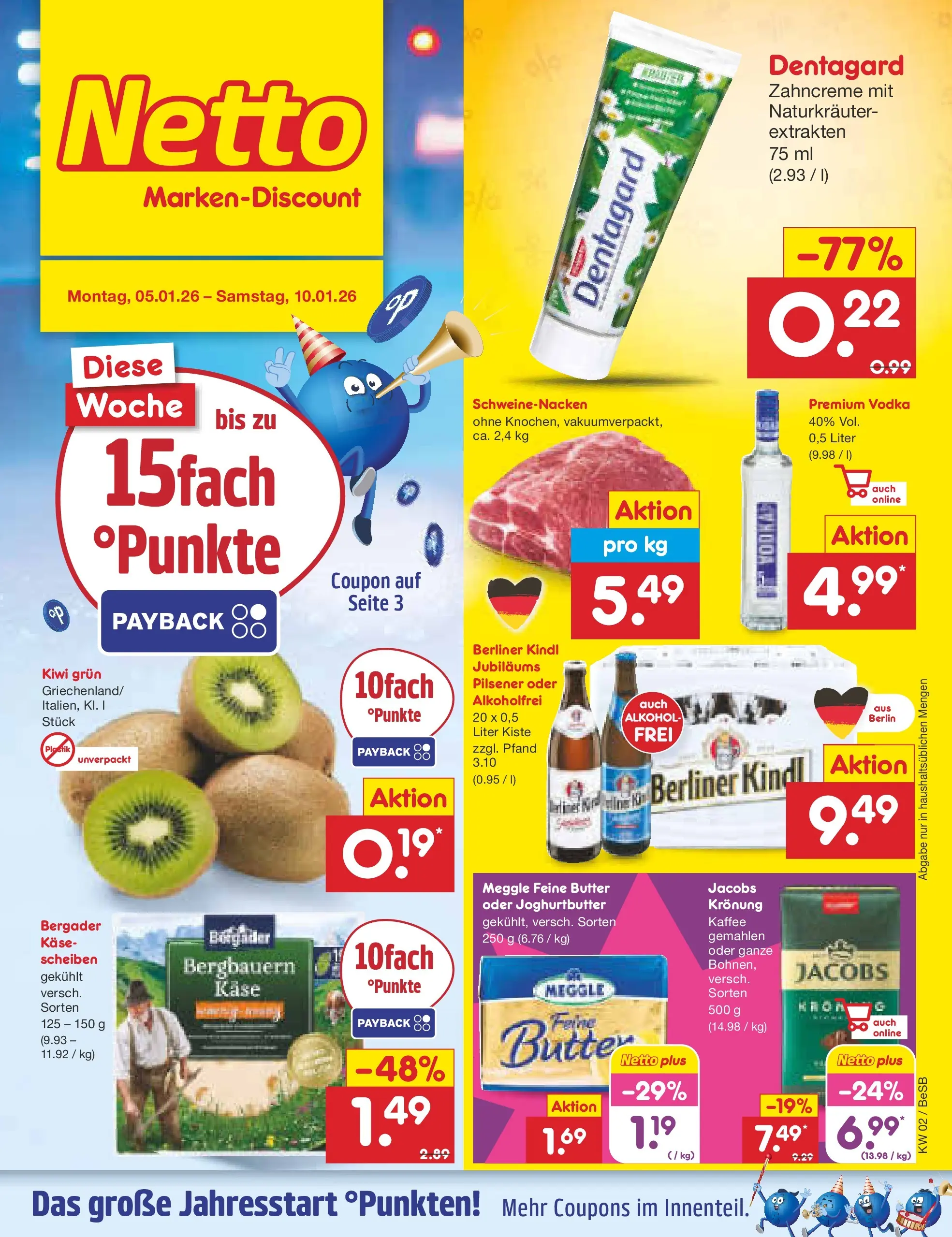 Netto Marken-Discount prospekt Kremmen	 (ab 04.01.2026) » Angebote | Seite: 1 | Produkte: Berliner, Käse, Kaffee, Schweinenacken