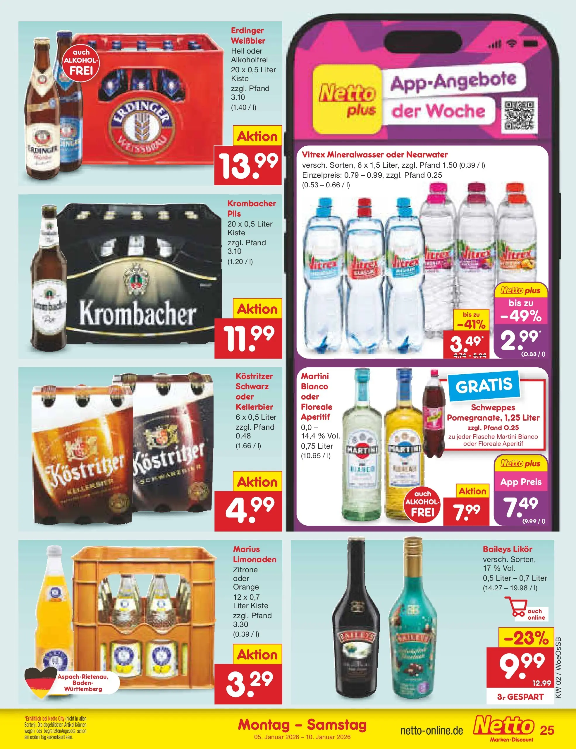 Netto Marken-Discount prospekt Gemmingen	 (ab 04.01.2026) » Angebote | Seite: 25 | Produkte: Kostritzer, Weißbier, Mineralwasser, Baileys