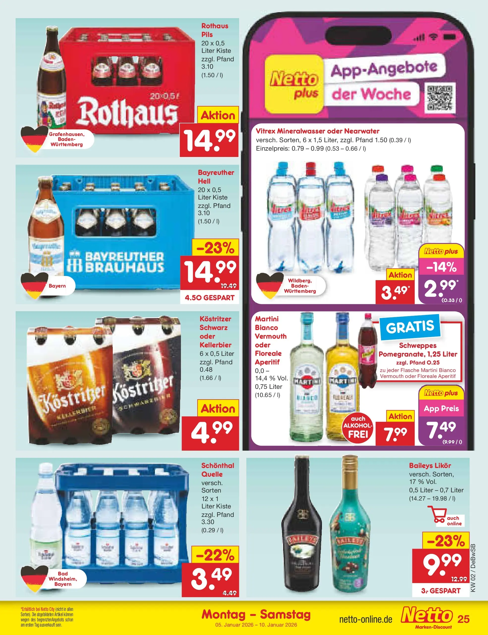 Netto Marken-Discount prospekt Waiblingen-Bittenfeld	 (ab 04.01.2026) » Angebote | Seite: 25 | Produkte: Bayreuther hell, Likör, Schweppes, Mineralwasser