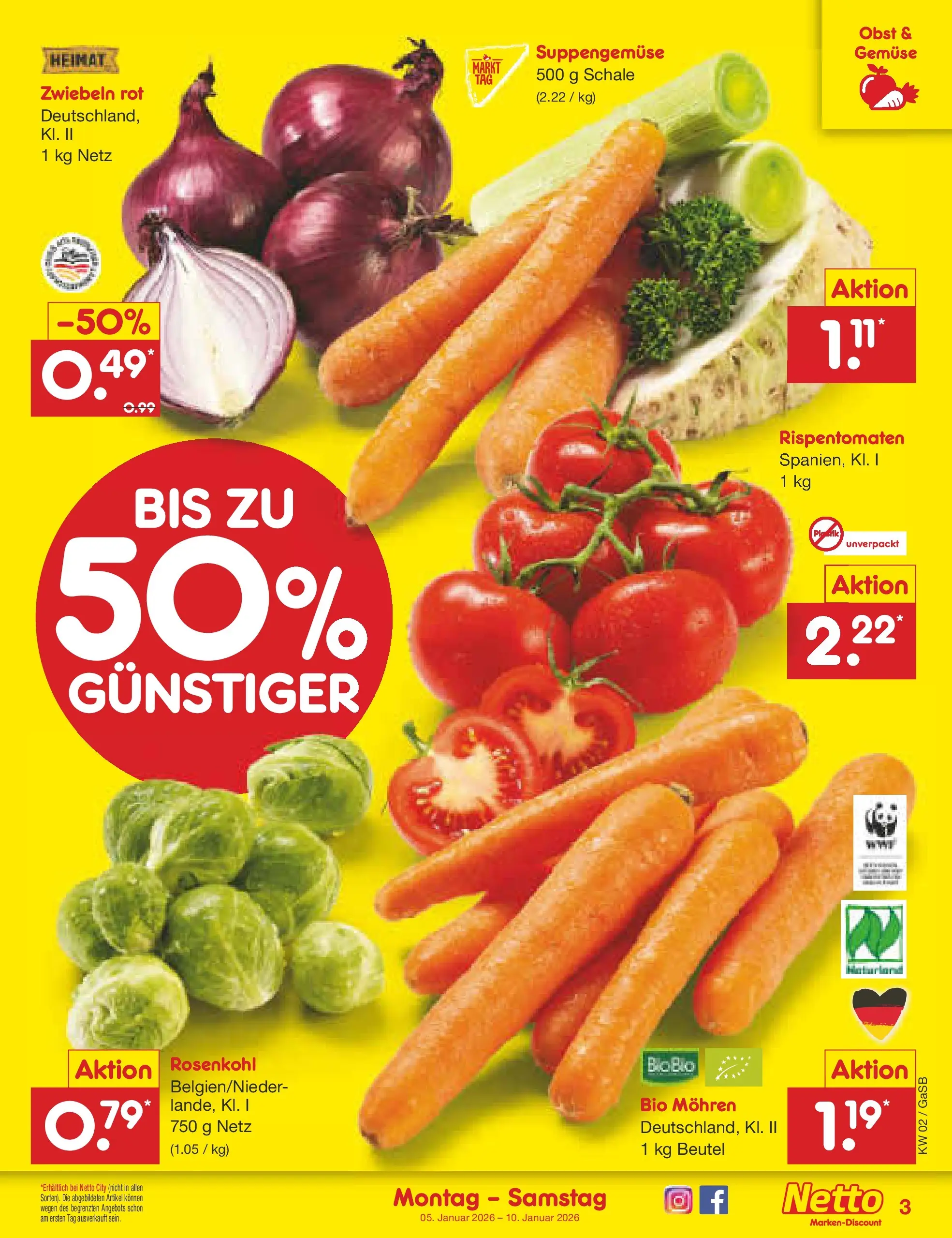 Netto Marken-Discount prospekt Bremen-Lesum	 (ab 04.01.2026) » Angebote | Seite: 3 | Produkte: Mohren, Zwiebeln, Gemüse, Obst
