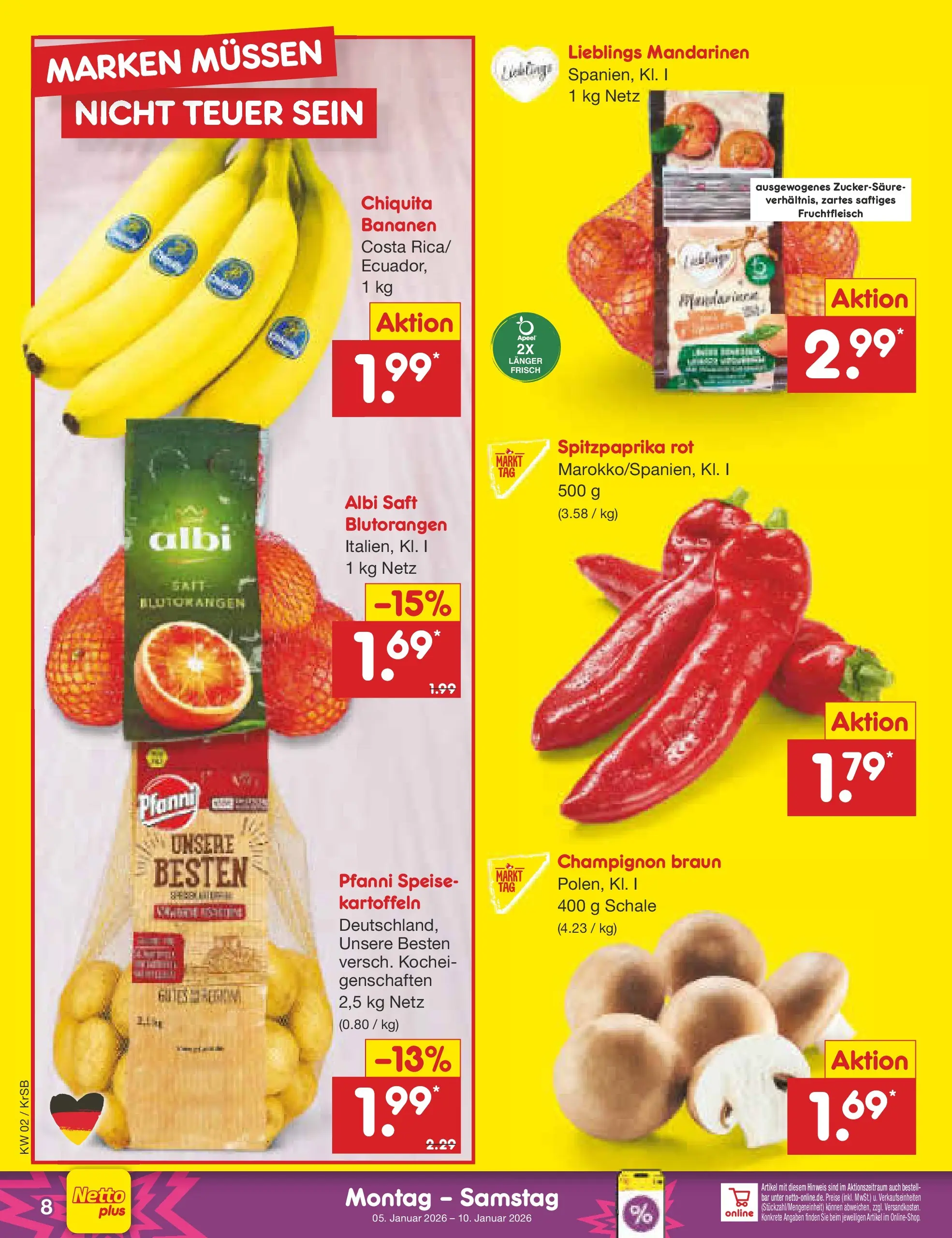 Netto Marken-Discount prospekt Jüchen	 (ab 04.01.2026) » Angebote | Seite: 8 | Produkte: Bananen, Mandarinen, Kartoffeln, Saft