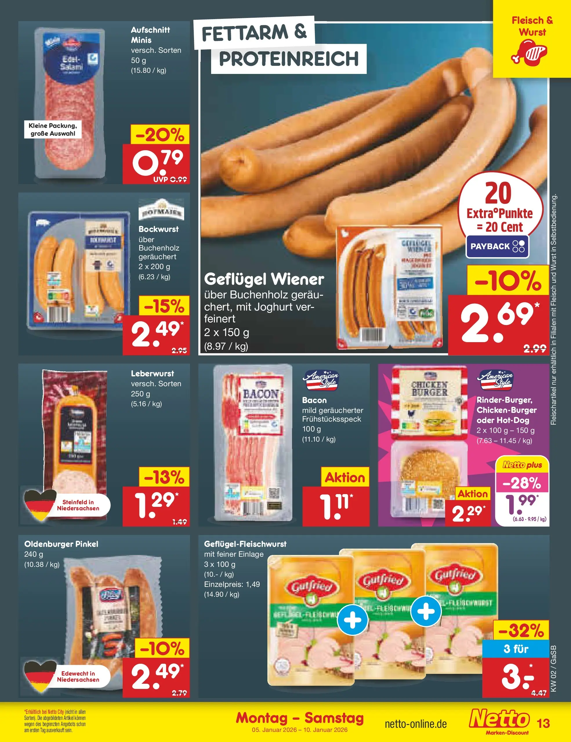 Netto Marken-Discount prospekt Bremen-Lesum	 (ab 04.01.2026) » Angebote | Seite: 13 | Produkte: Bockwurst, Joghurt, Burger, Fleisch
