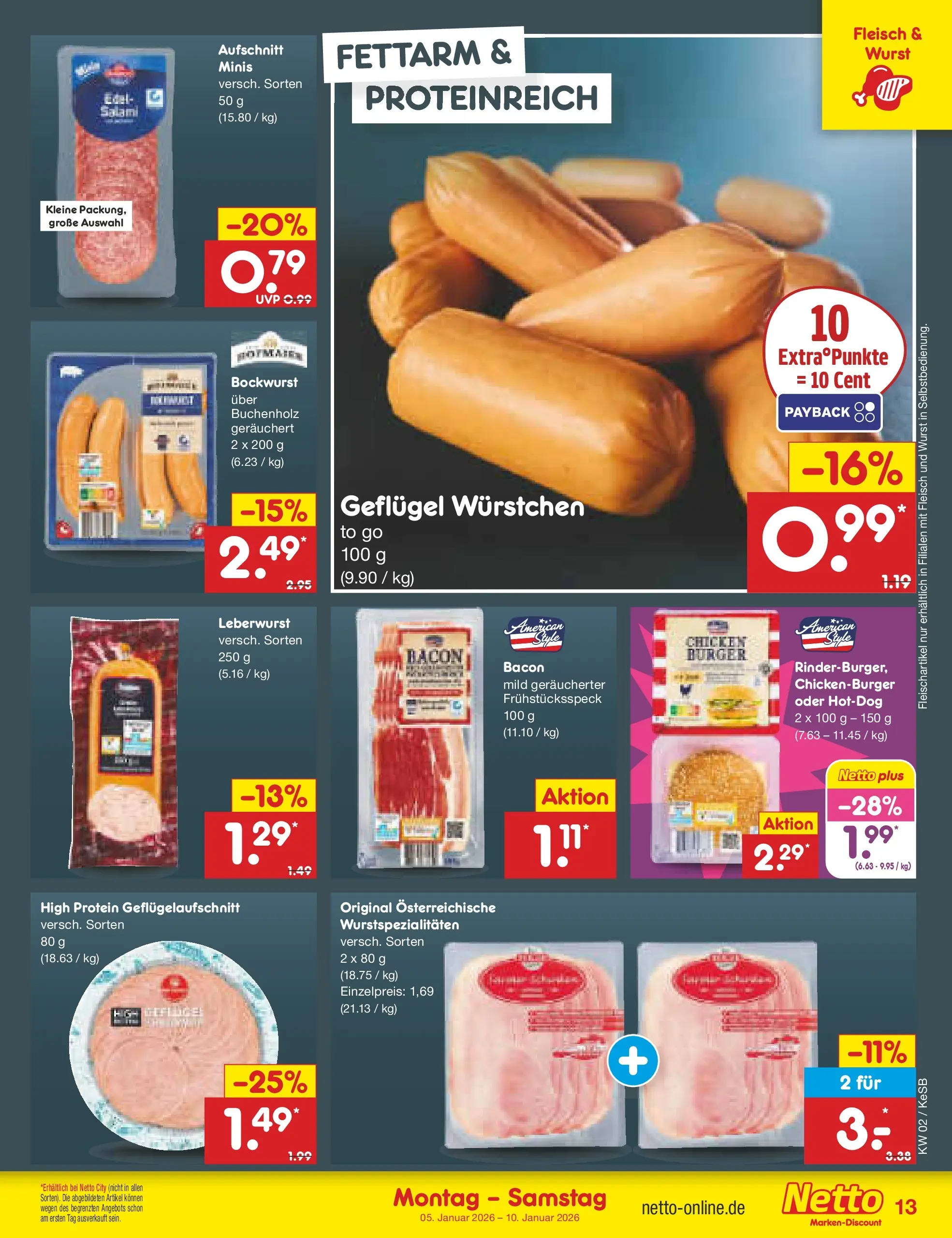 Netto Marken-Discount prospekt Bonn	 (ab 04.01.2026) » Angebote | Seite: 13 | Produkte: Bockwurst, Burger, Wurst, Fleisch