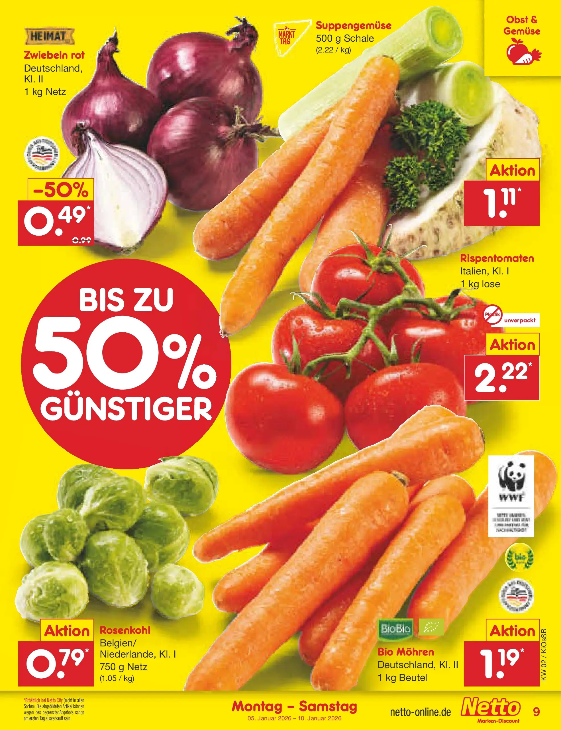 Netto Marken-Discount prospekt Oberhaid	 (ab 04.01.2026) » Angebote | Seite: 9 | Produkte: Mohren, Zwiebeln, Gemüse, Obst