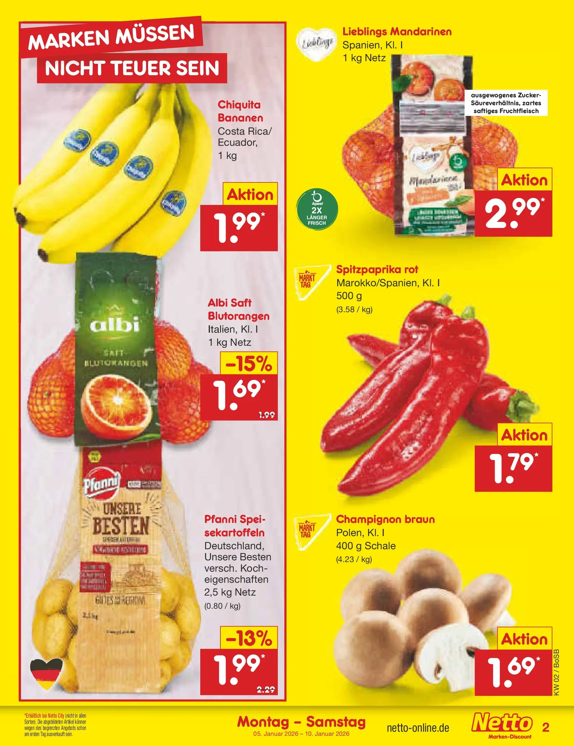 Netto Marken-Discount prospekt Stadtlohn	 (ab 04.01.2026) » Angebote | Seite: 2 | Produkte: Bananen, Mandarinen, Zucker, Saft