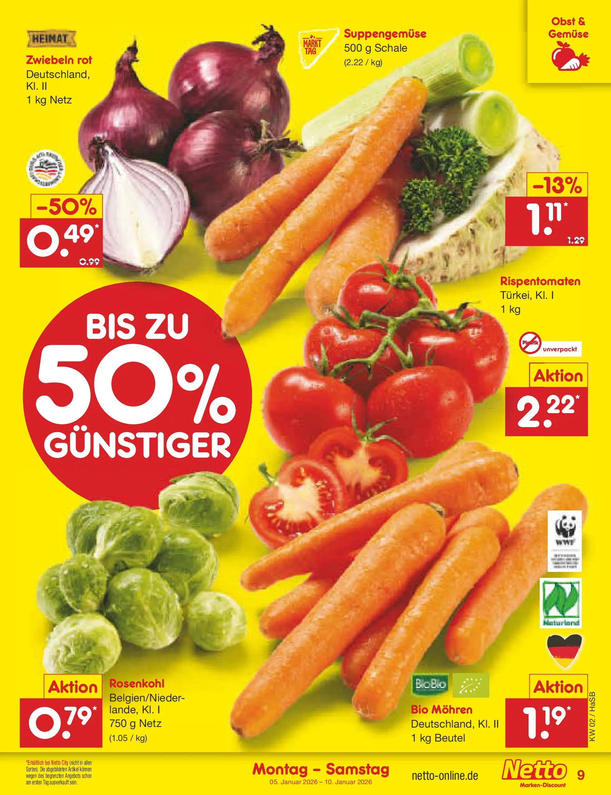 Netto Marken-Discount prospekt Wuppertal	 (ab 04.01.2026) » Angebote | Seite: 9 | Produkte: Mohren, Zwiebeln, Gemüse, Obst