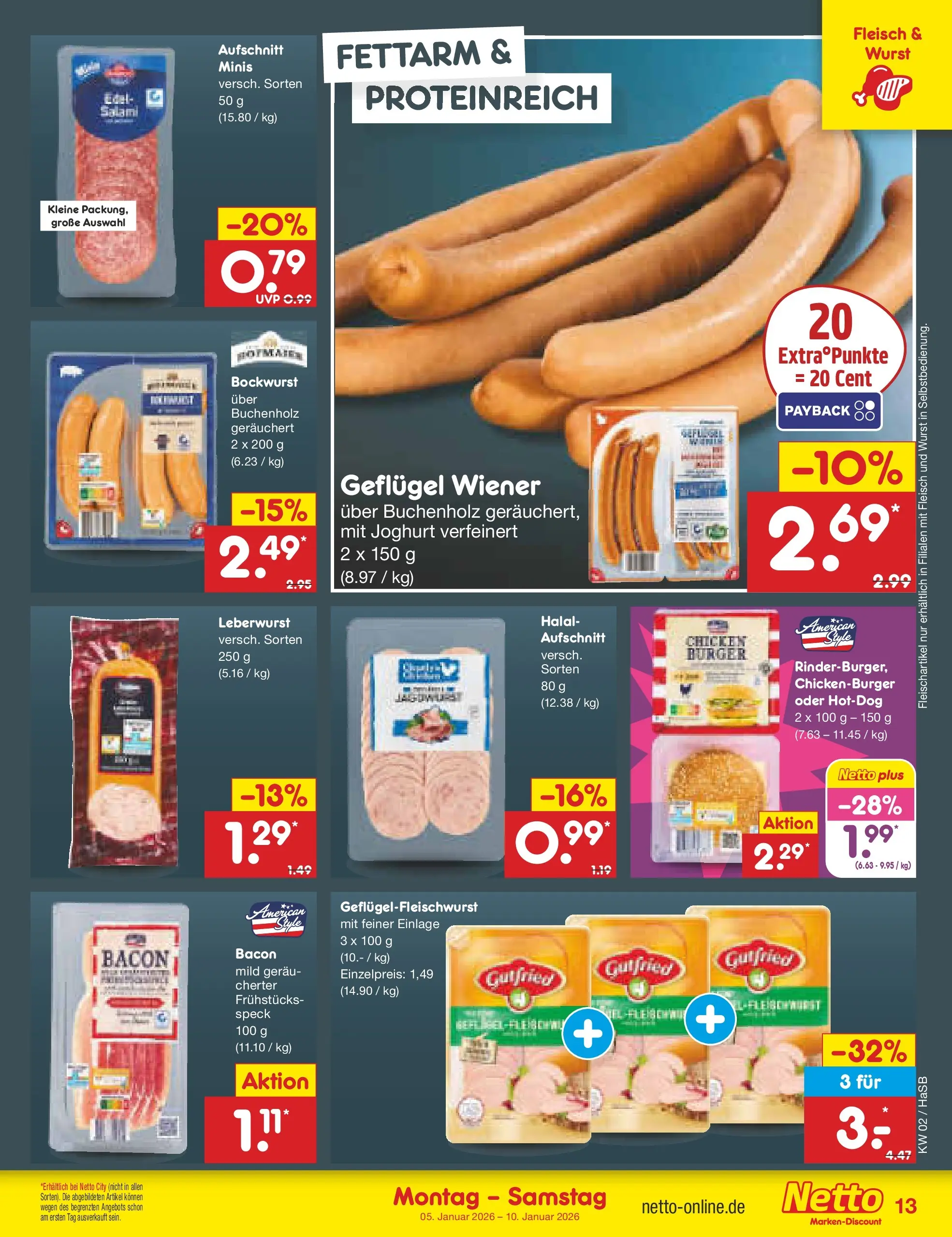 Netto Marken-Discount prospekt Wuppertal	 (ab 04.01.2026) » Angebote | Seite: 13 | Produkte: Bockwurst, Joghurt, Burger, Wurst